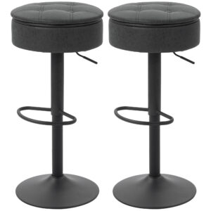 Set of 2 Barstools with Storage, Swivel Bar Stools with PU Leather Upholstered, Footrest, Steel Base, Black