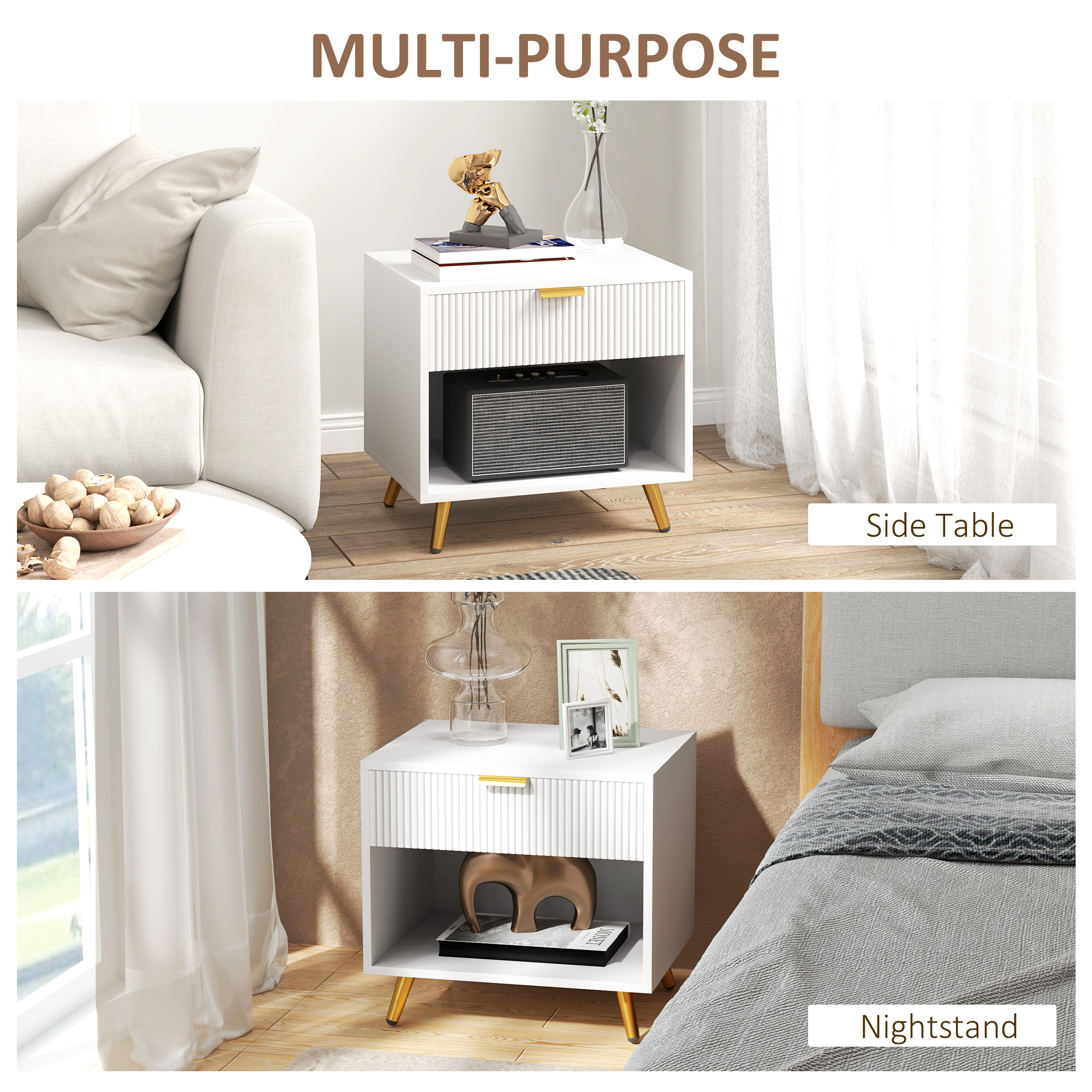Nightstand with Fluted Panel, Bedside Table with Drawer and Open Compartment, Modern Night Table for Bedroom, White - Image 4