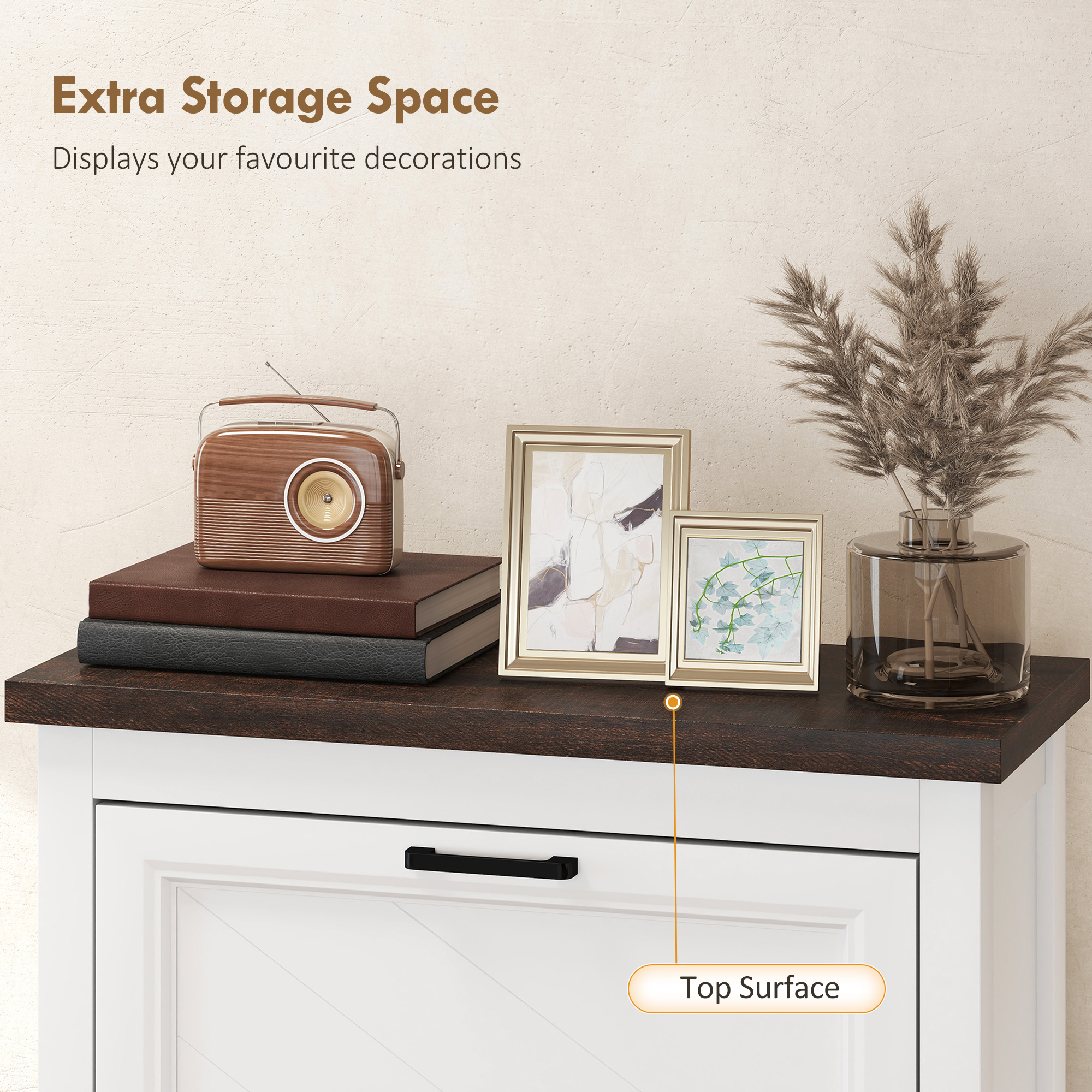 Shoe Cabinet with 2 Flip Drawers, Farmhouse Narrow Shoe Storage Cabinet with Adjustable Shelves, White - Image 5