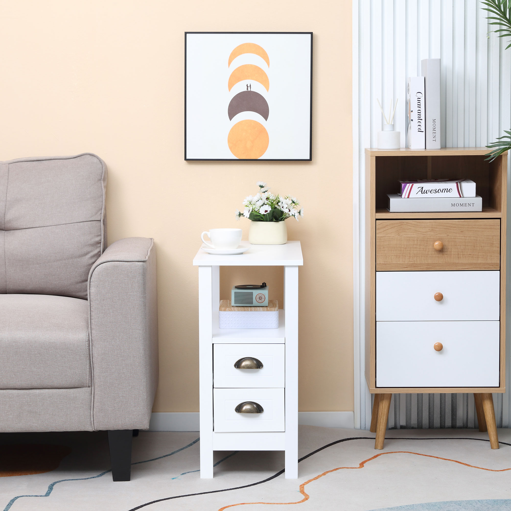 Slim End Table with 2 Drawers and Storage Shelf, Sofa Side Table for Living Room, Narrow Nightstand, White - Image 2