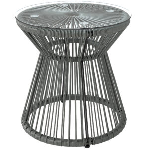 Round End Table, Rattan Side Table, Hollow Drum Design Coffee Table w/ Glass Top for Patio, Garden, Balcony, Dark Grey