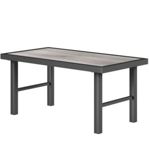 Outdoor Side Table with SPC Woodgrain Tabletop, Metal Patio Coffee Table for Outside Garden, Distressed Grey