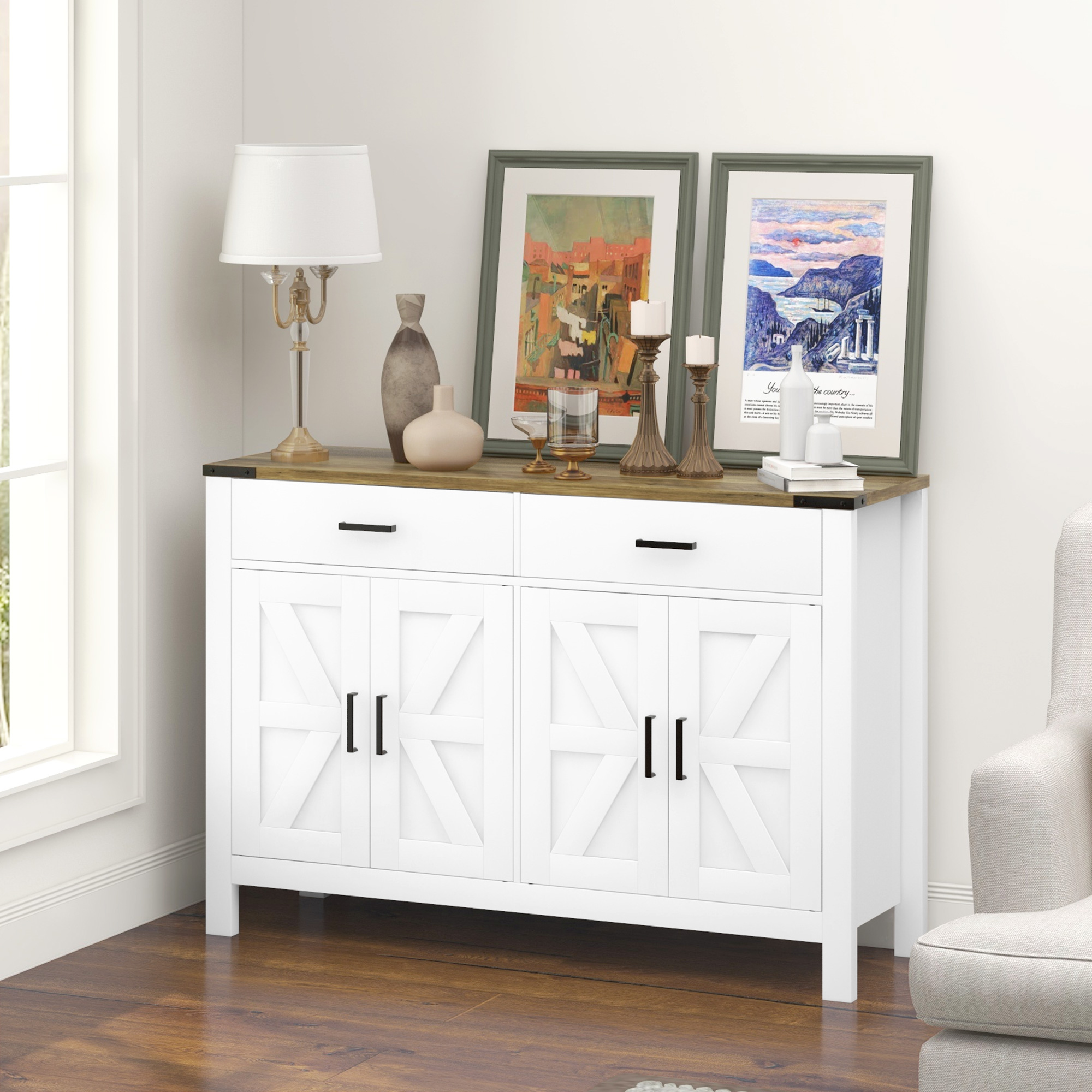 Sideboard Buffet Cabinet, Farmhouse Kitchen Storage Cabinet w/ 2 Drawers and Shelves for Living Room, Entryway - Image 6