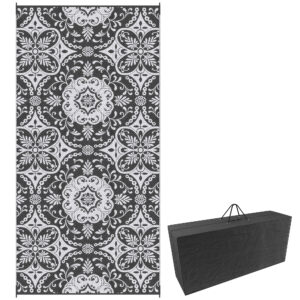 Portable Outdoor Rug with Carry Bag, 9' x 18' Reversible Mat, Waterproof Plastic Straw RV Rug for Backyard, Deck, Picnic, Beach, Camping, Gray & White Flower
