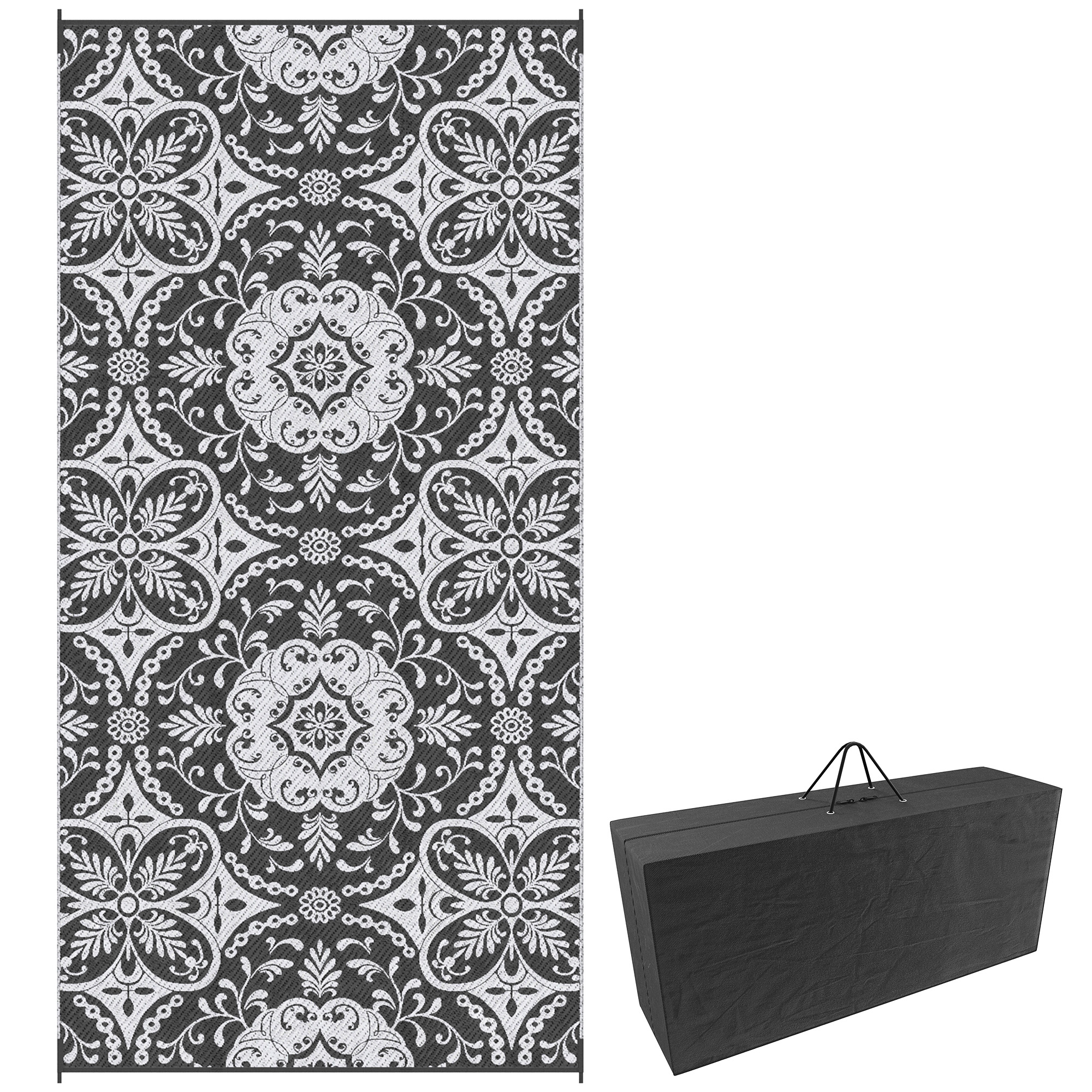 Portable Outdoor Rug with Carry Bag, 9' x 18' Reversible Mat, Waterproof Plastic Straw RV Rug for Backyard, Deck, Picnic, Beach, Camping, Gray & White Flower