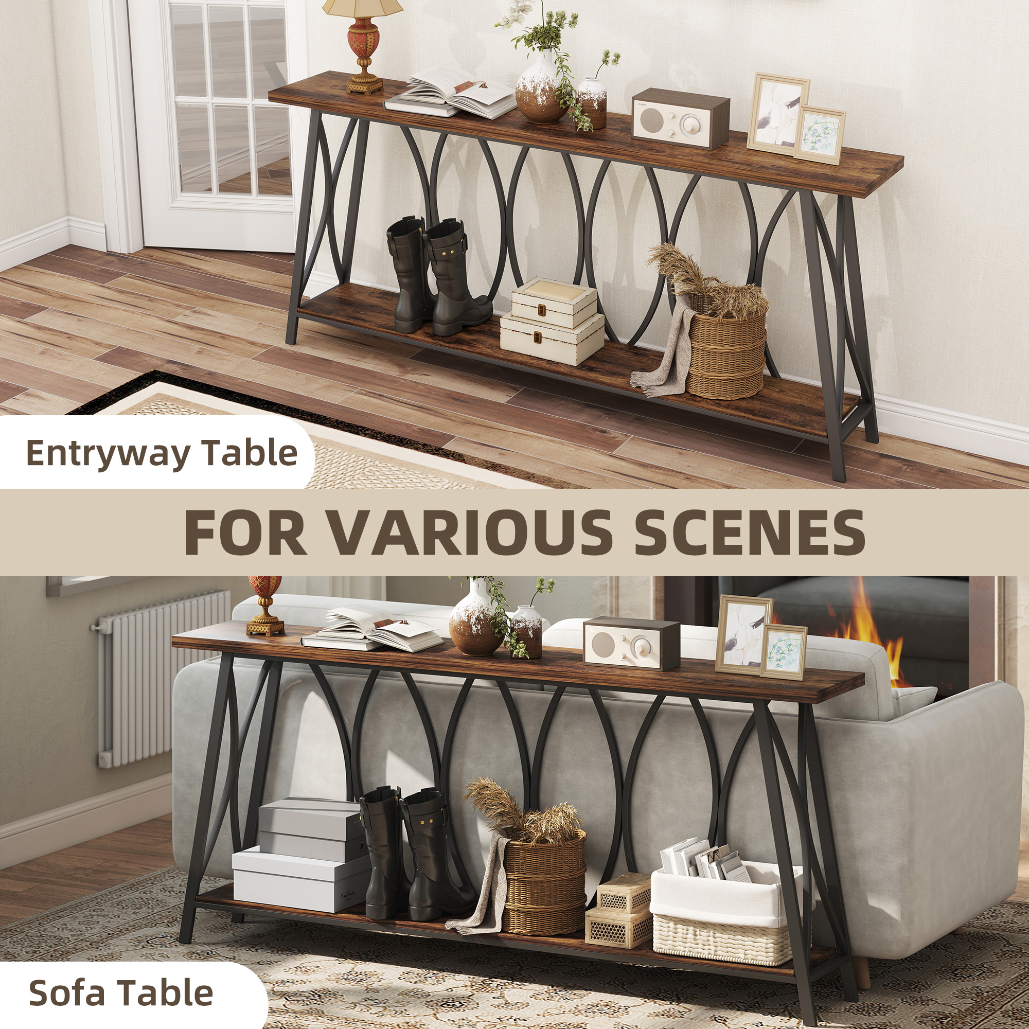 71" Console Table, Industrial 2-Tier Narrow Entryway Table with Metal Frame for Living Room, Hallway, Rustic Brown - Image 5