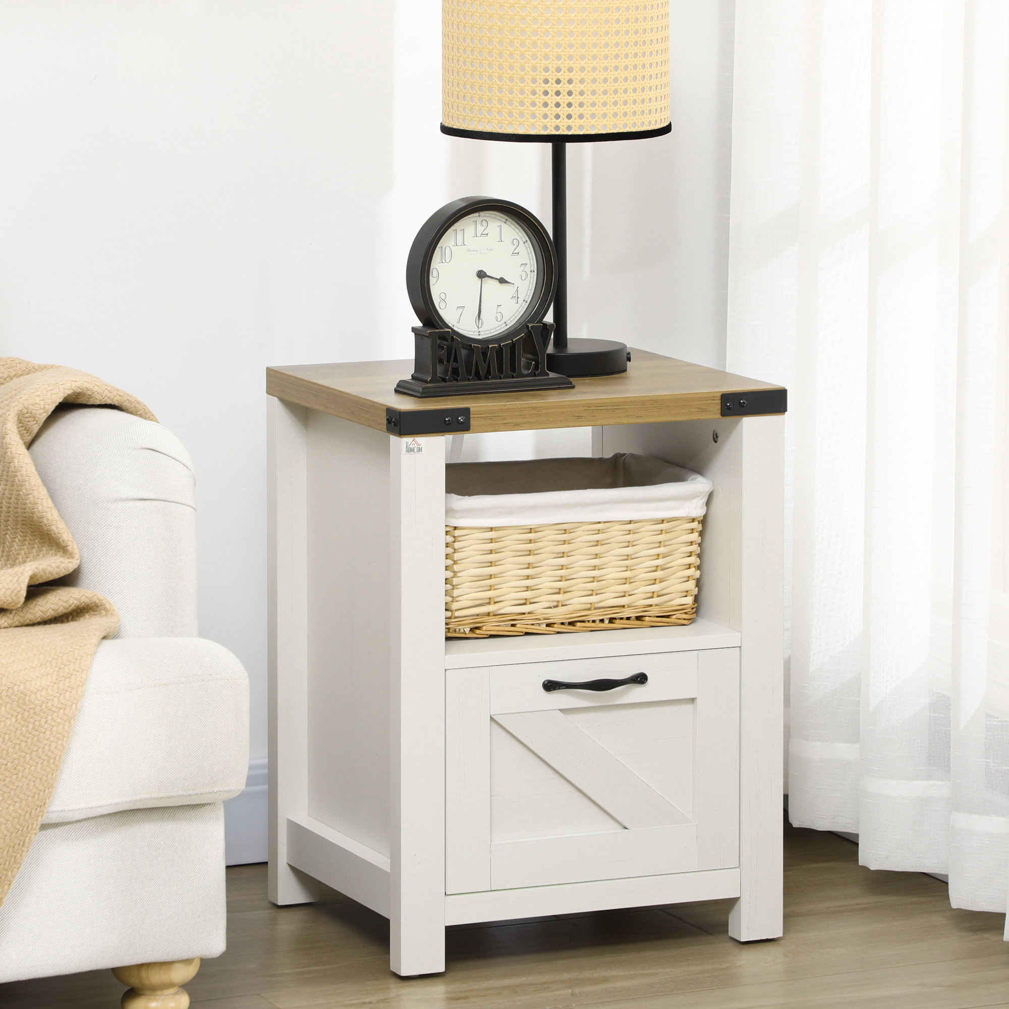 Side Table with Storage, Farmhouse End Table with Drawer, Open Shelf and Barn-style Panel, Nightstand for Living Room, Bedroom, White - Image 5