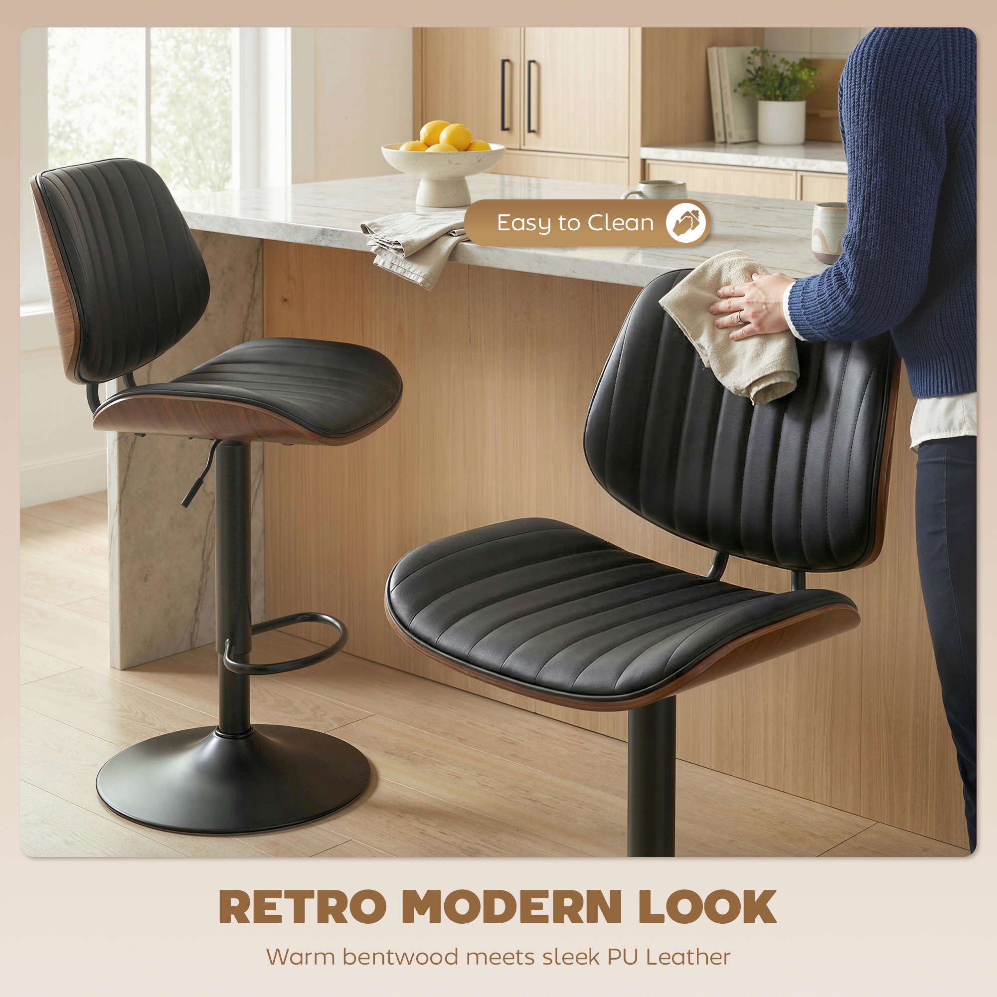 Bar Stools Set of 2, Swivel Counter Height Barstools with Back, Adjustable Height, Black - Image 2