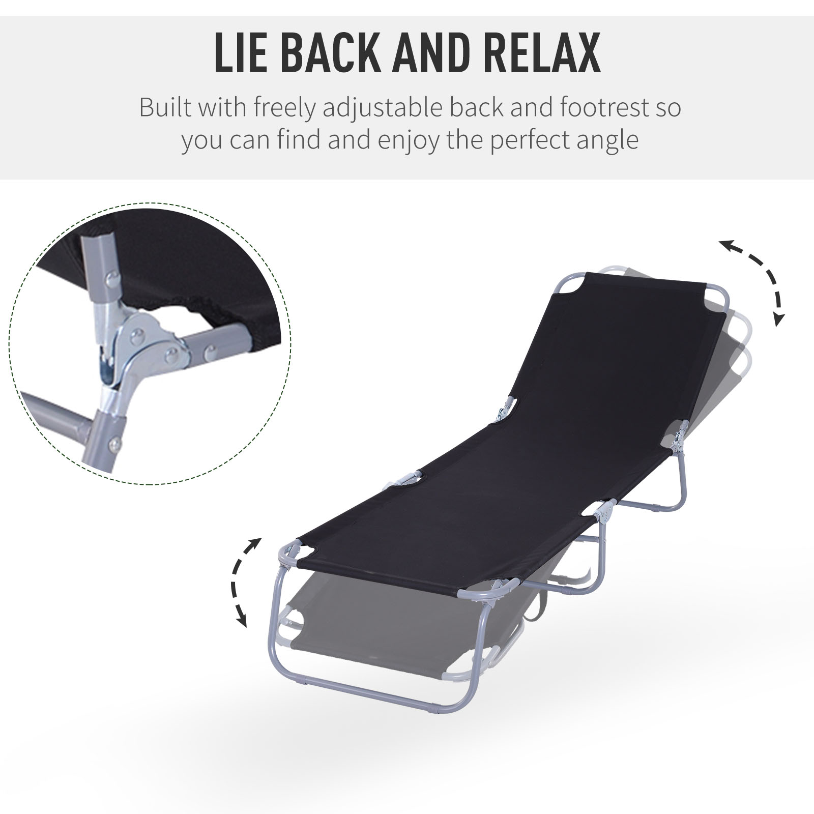 Outdoor Folding Chaise Lounge, Reclining Lounge Chair with Adjustable Backrest and Breathable Mesh Fabric, Black - Image 2