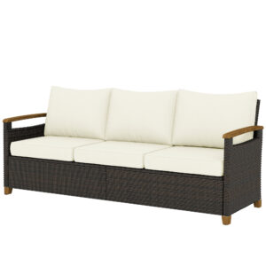 3 Seater Outdoor Couch Sofa, PE Wicker Patio Furniture Couch, Wide Seat, 4" Cushions, Wood-Effect Armrests, Cream White