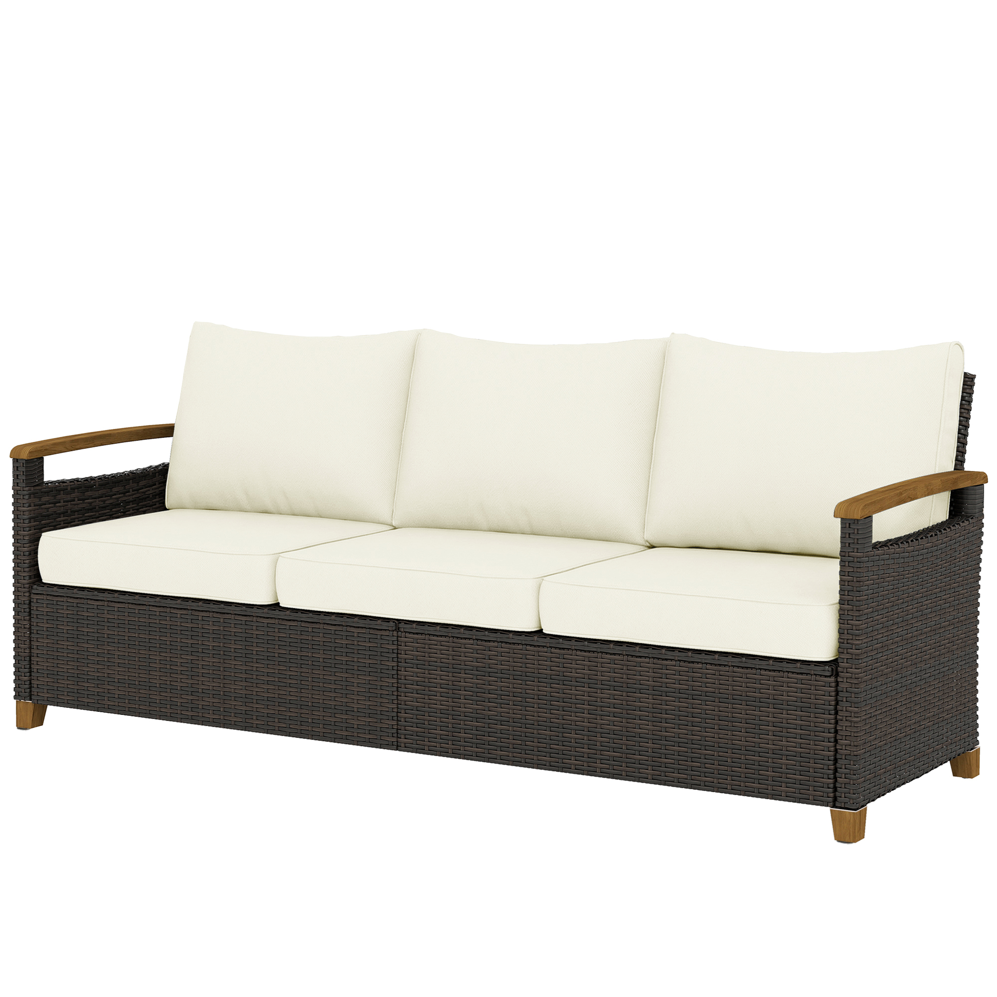 3 Seater Outdoor Couch Sofa, PE Wicker Patio Furniture Couch, Wide Seat, 4" Cushions, Wood-Effect Armrests, Cream White
