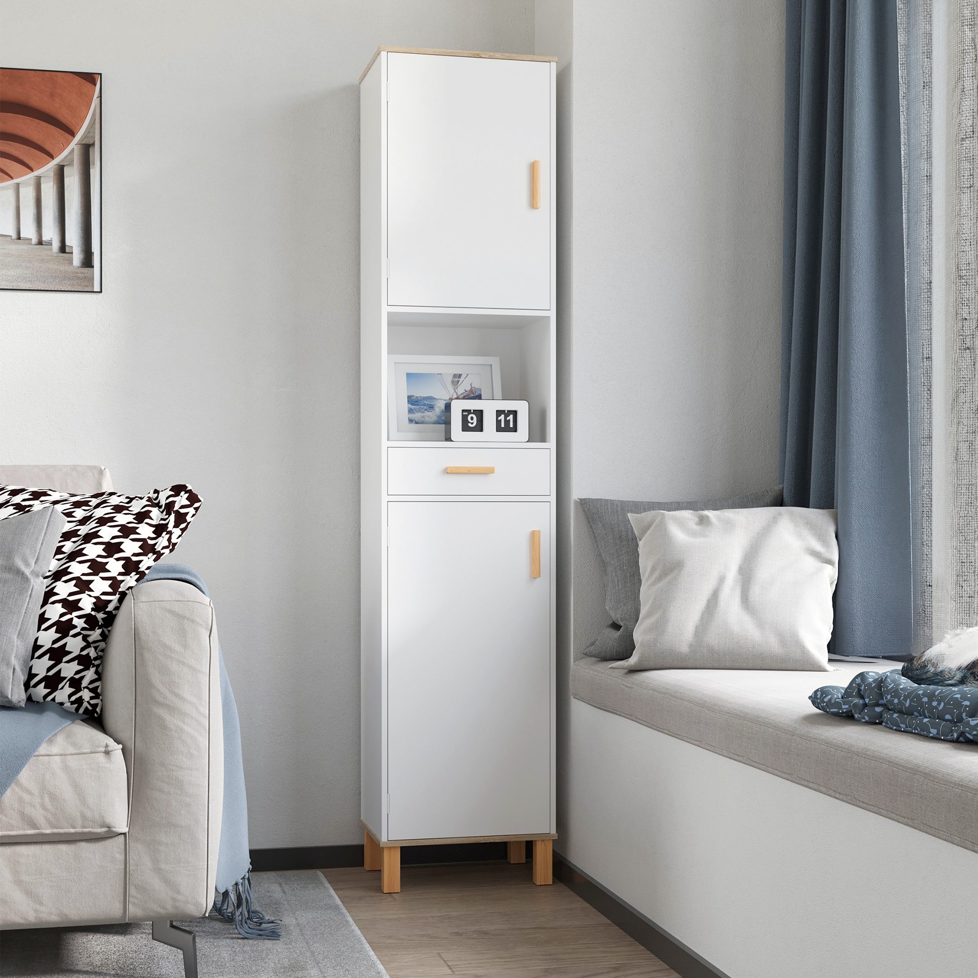 Bathroom Storage Cabinet with Cupboards and Drawer, Floor Free Standing Linen Tower, Tall Slim Side Organizer Shelves, White - Image 5