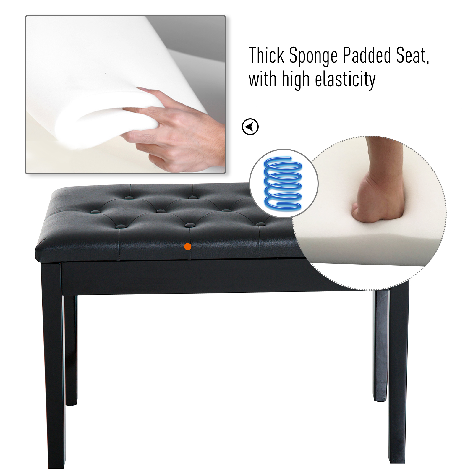 30" Piano Bench with Padded Cushion and Storage, Faux Leather Keyboard Bench with Solid Wood Legs, Black - Image 4