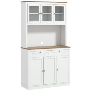 71" Pantry Cabinet with Microwave Space, Kitchen Cabinet with Hutch, 2 Drawers, Adjustable Shelves, Glass Doors, White