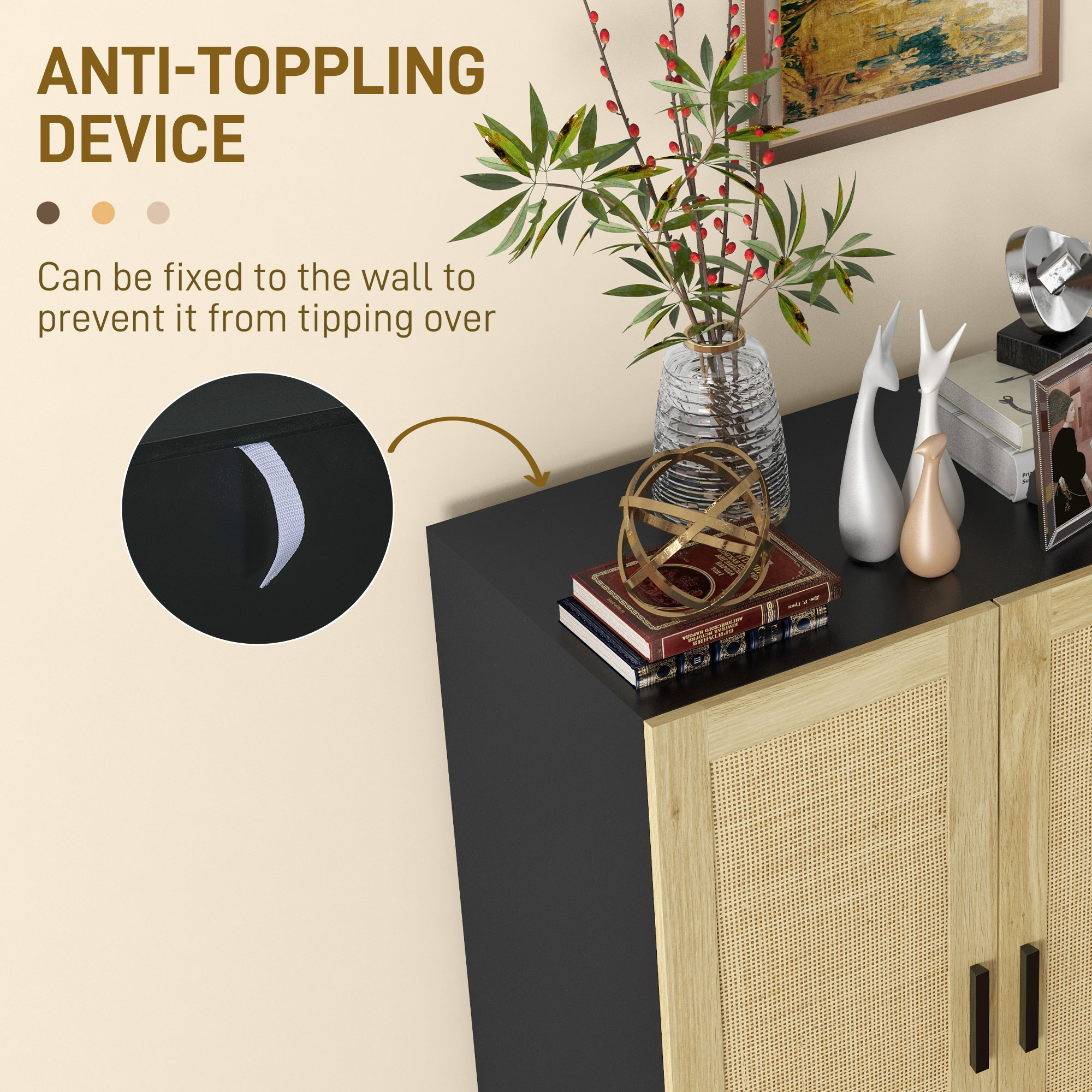 Boho Sideboard, Buffet Cabinet with Storage, Accent Cabinet with 2 Rattan Doors and Adjustable Shelves, Black - Image 2