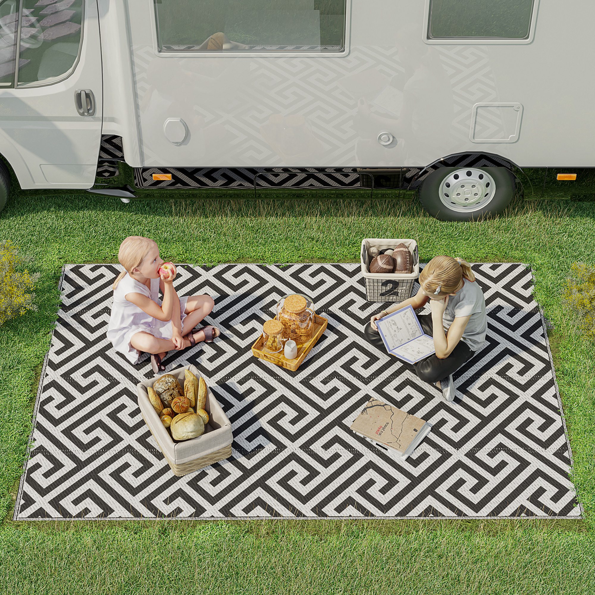 Reversible Outdoor RV Rug, Patio Floor Mat, 5' x 8' Plastic Straw Rug for Backyard, Deck, Beach, Camping, Black & White - Image 6