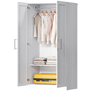Wardrobe Cabinet with 2 Doors and Hanging Rod, Modern Armoire Wardrobe Closet for Bedroom, White Wood Effect