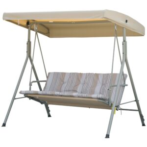 3-Seat Patio Swing Chair, Outdoor Porch Swing Glider with Adjustable Canopy, Light Brown