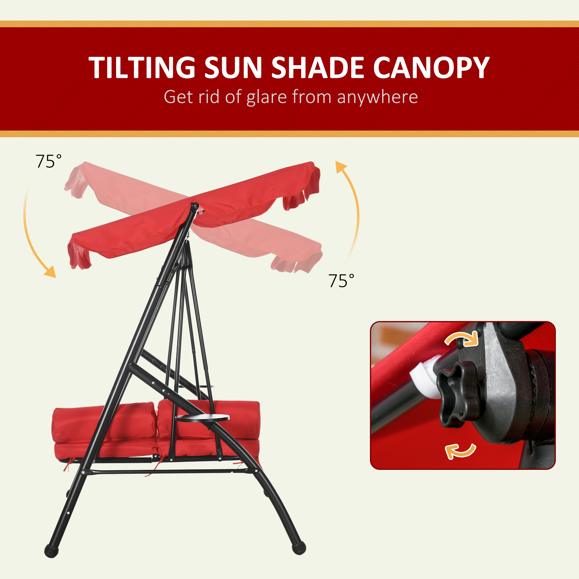 3-Seat Outdoor Patio Swing Chair, 2-in-1 Convertible Flat Bed, Canopy Swing Glider w/ Adjustable Shade, Removable Cushion and Pillows for Porch, Garden, Poolside - Image 3