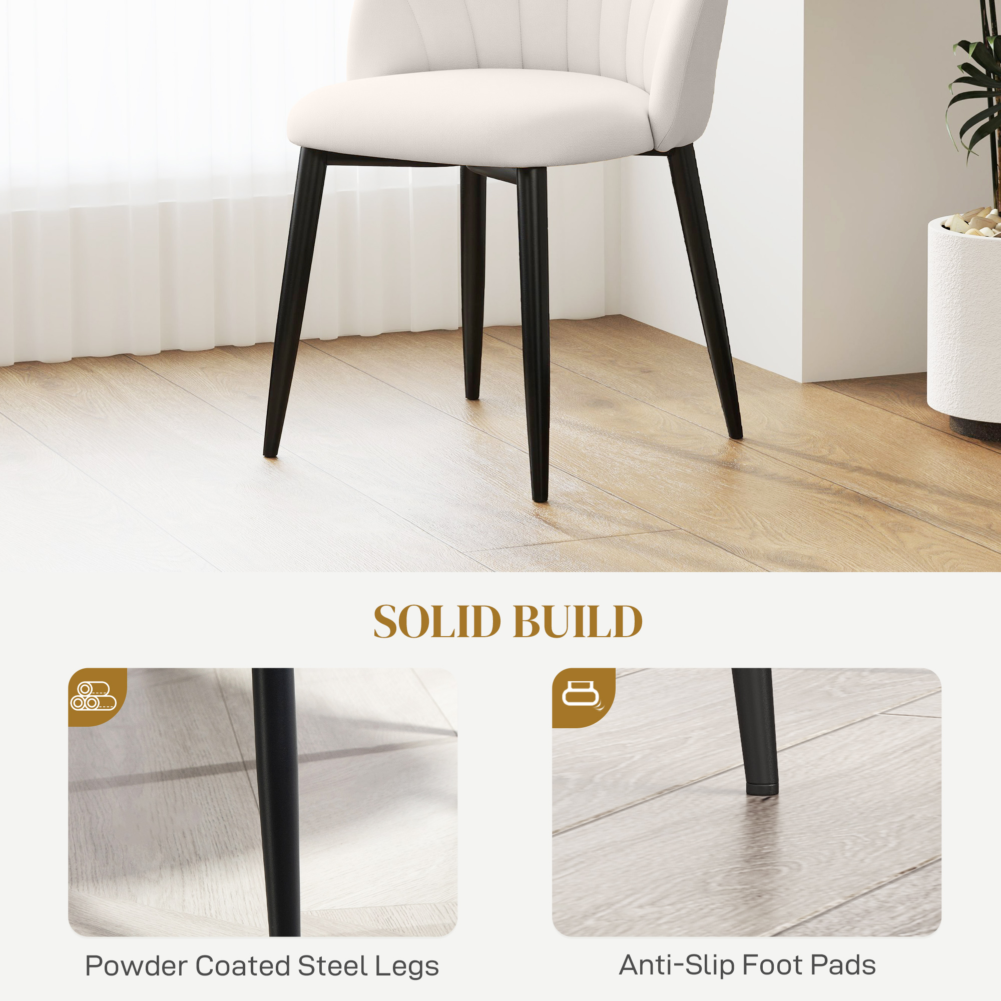 Modern Dining Chairs Set of 4, Upholstered Dining Room Chairs with Metal Legs, Shell Backrest, Padded Seat, Cream White - Image 4