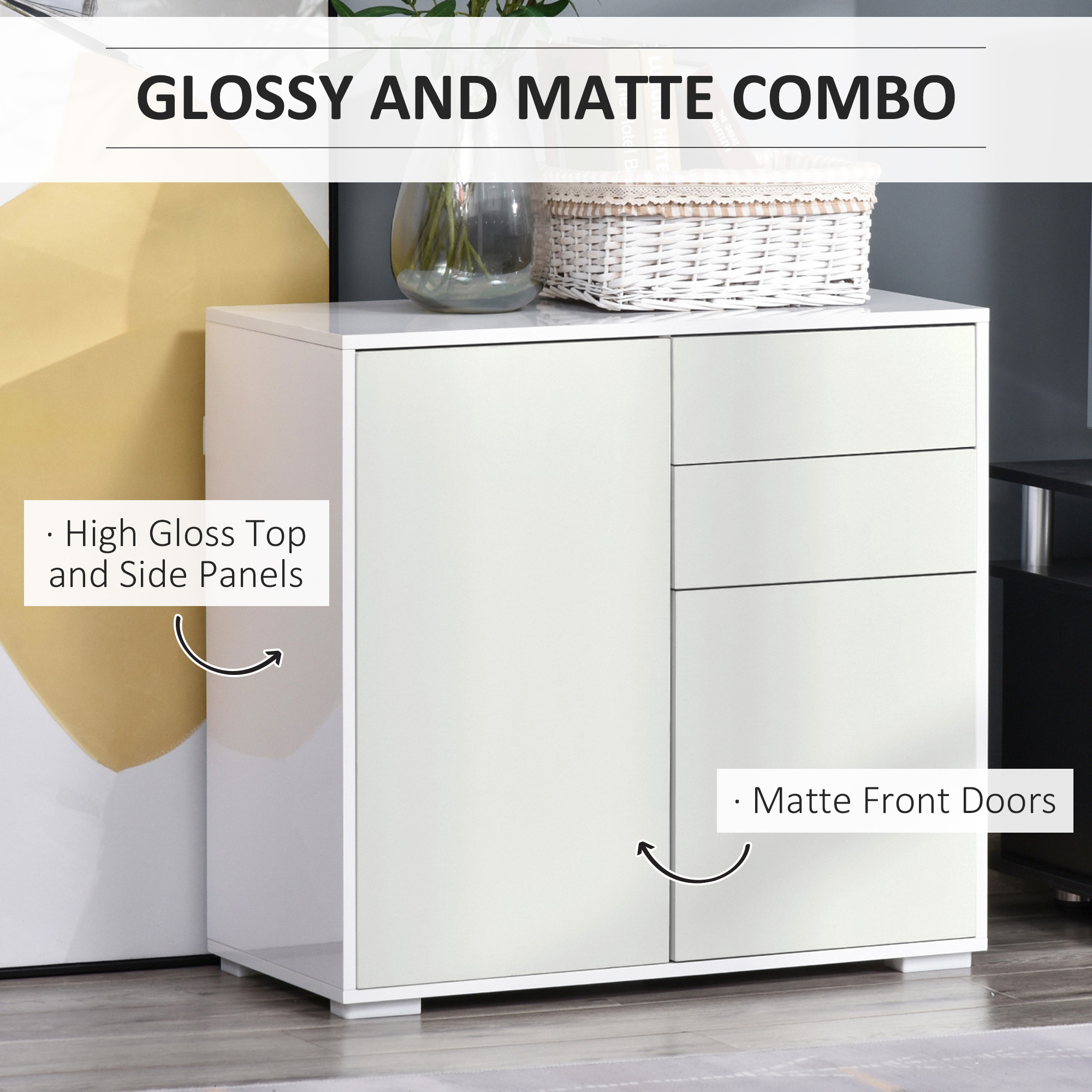 High Gloss Buffet Sideboard with 2 Drawers, 2 Doors and Adjustable Shelf, Kitchen Storage Cabinet with Push Open Design, White - Image 3