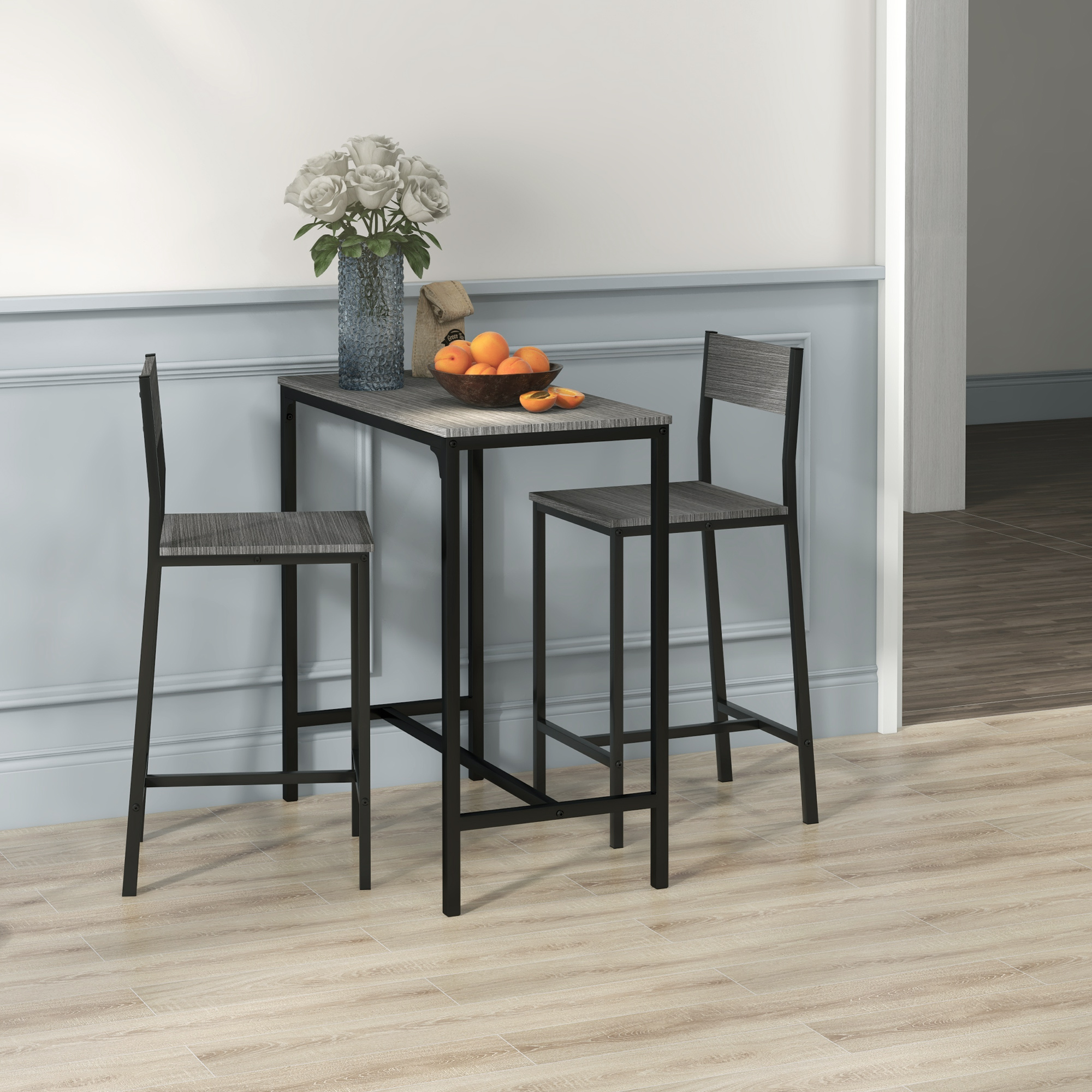 Industrial Bar Table Set Counter Height 3 Piece and 2 High Back Stools Set Dining Table Set Grey - Image 4