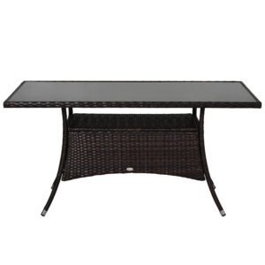 Garden Dining Table, Patio Rattan Dining Table with Glass Top, Storage Shelf for Yard, 59" x 34" x 29", Brown