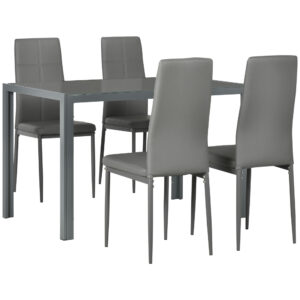 5-Piece Rectangular Glass Kitchen Table and Chairs with Metal Frame and Faux Leather Upholstery for Dining Room, Grey