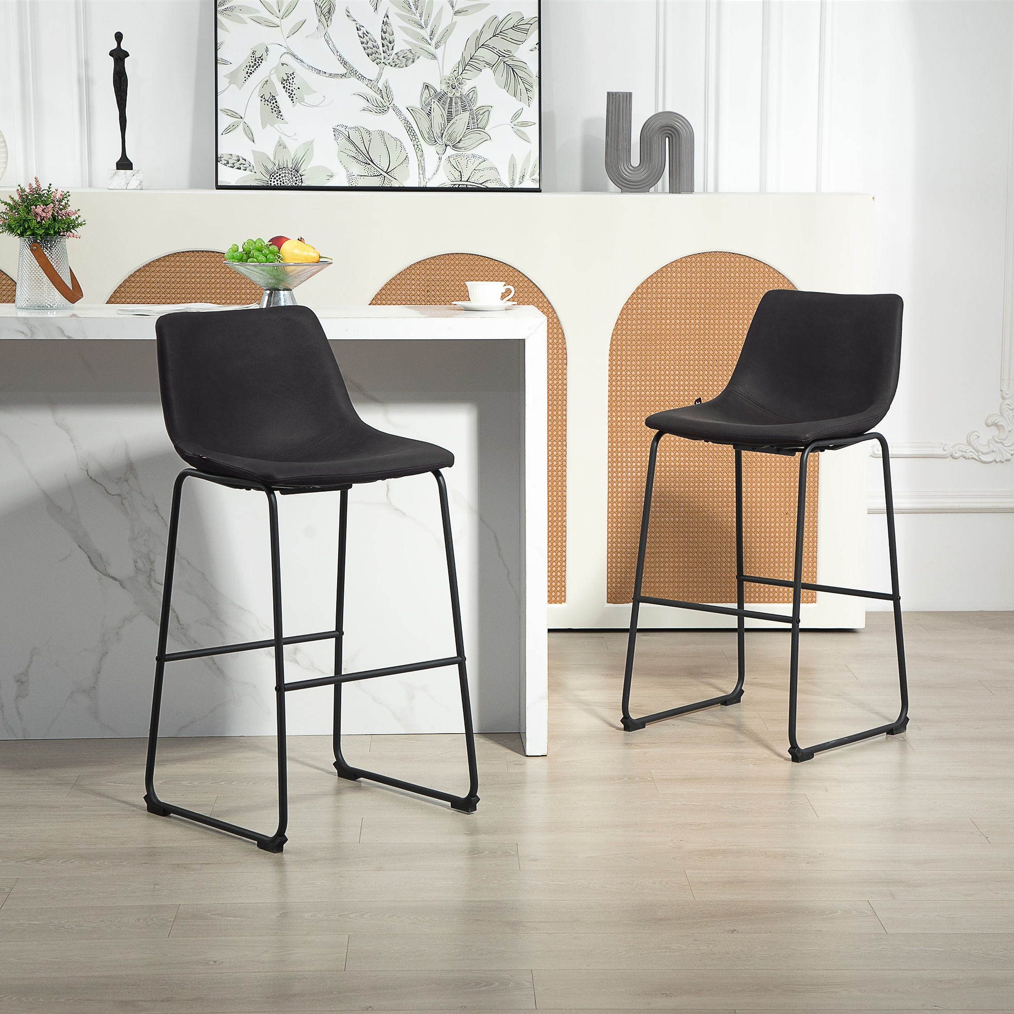 Counter Height Bar Stools Set of 2, Vintage PU Leather Bar Chairs, Kitchen Stool with Footrest, Dark Brown - Image 6