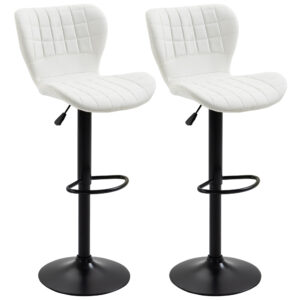 Bar Stools Set of 2 Adjustable Height Swivel Bar Chairs in PU Leather with Backrest & Footrest, White
