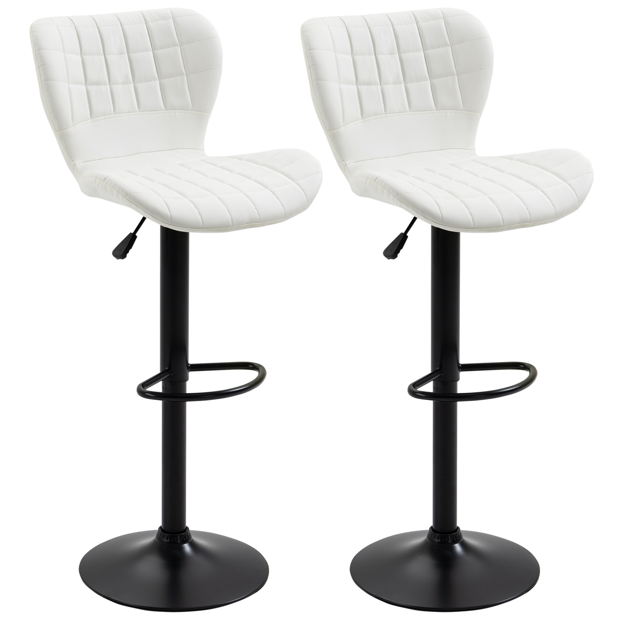Bar Stools Set of 2 Adjustable Height Swivel Bar Chairs in PU Leather with Backrest & Footrest, White