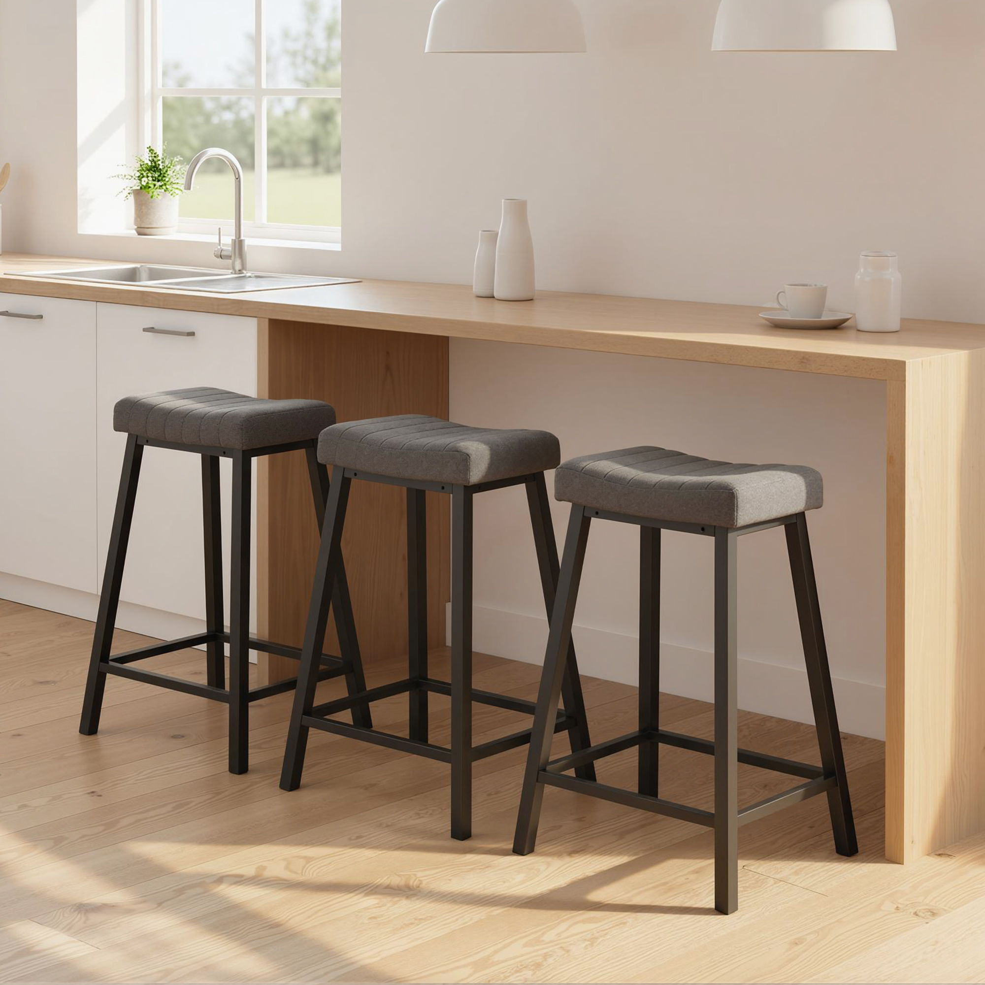 Set of 3 Bar Stools, Velvet Upholstered Counter Stools with Curved Seat and Footrest for Kitchen Island, Grey - Image 6