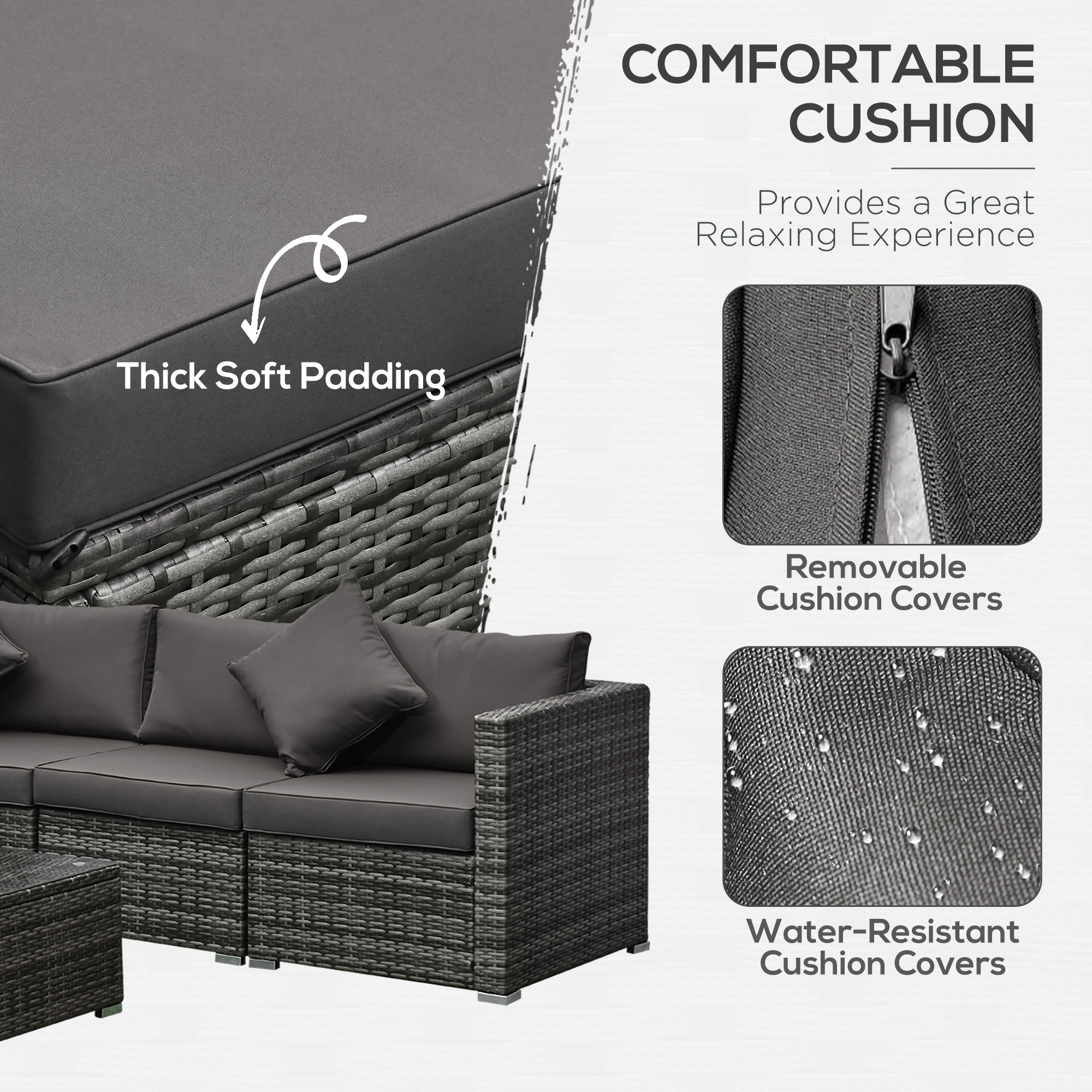 6 Pieces Outdoor PE Rattan Wicker Patio Furniture Sofa Set with Thick Cushions, Deluxe Garden Sectional Couch with Glass Top Table, Mixed Grey and Charcoal - Image 3