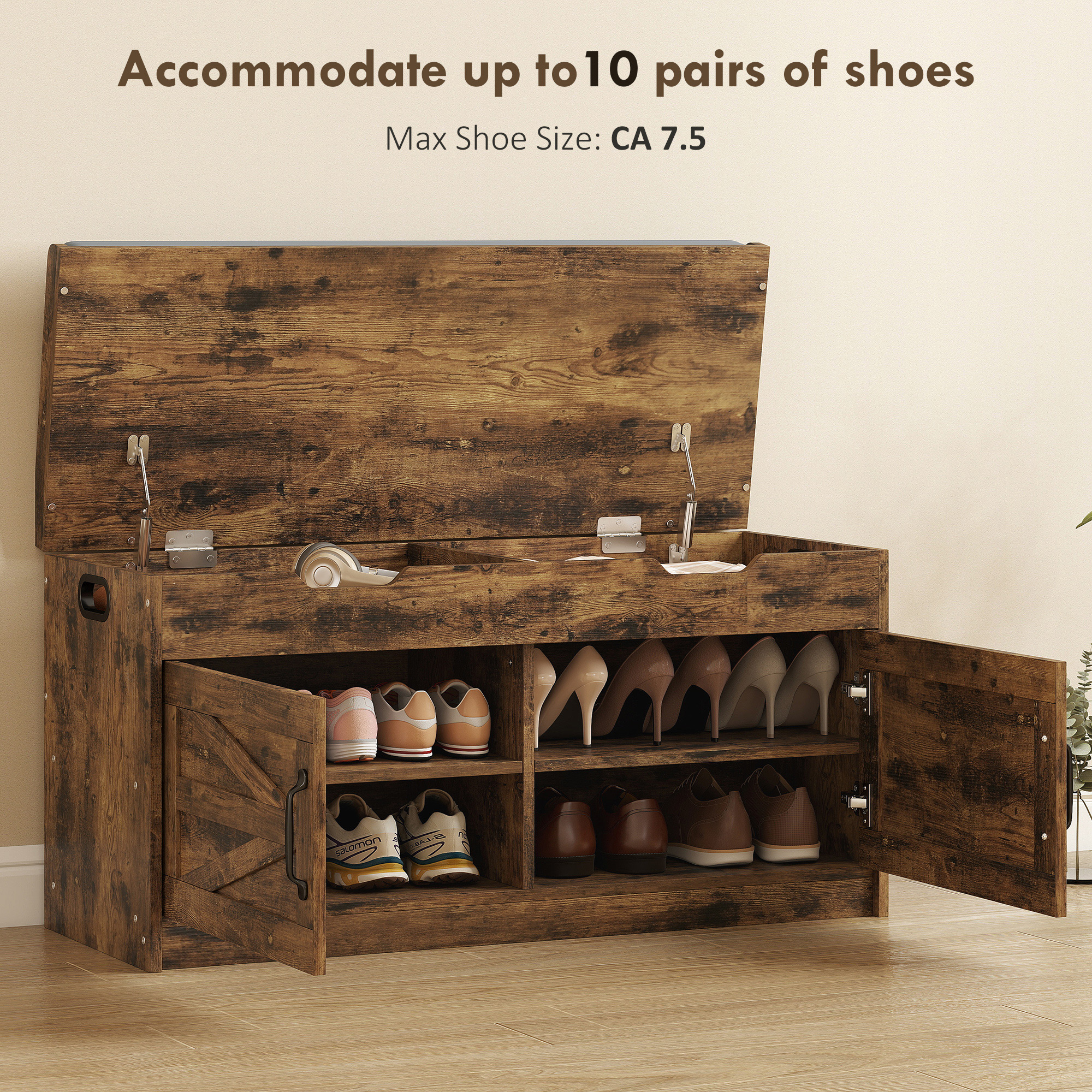 Shoe Storage Bench, Entryway Bench with 2-Tier Cabinet, Flip-Top Storage, Padded Cushion for Hallway, Rustic Brown - Image 2