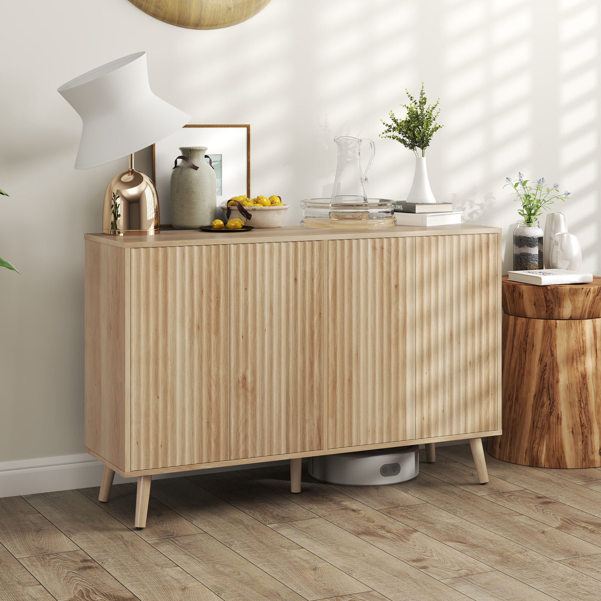 Buffet Cabinet with Storage Modern Fluted Sideboard with Adjustable Shelves Wood Legs for Dining Room Living Room Oak - Image 6