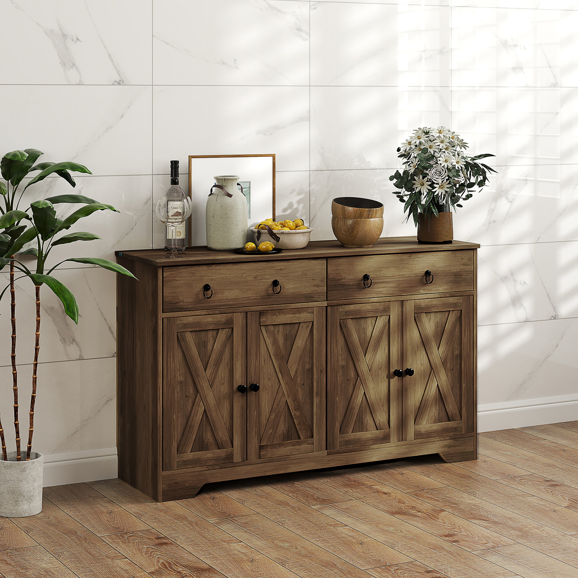 Sideboard Cabinet with 2 Drawers, 4 Barn Doors and 2 Adjustable Shelves, Buffet Table for Living Room, Light Brown - Image 6