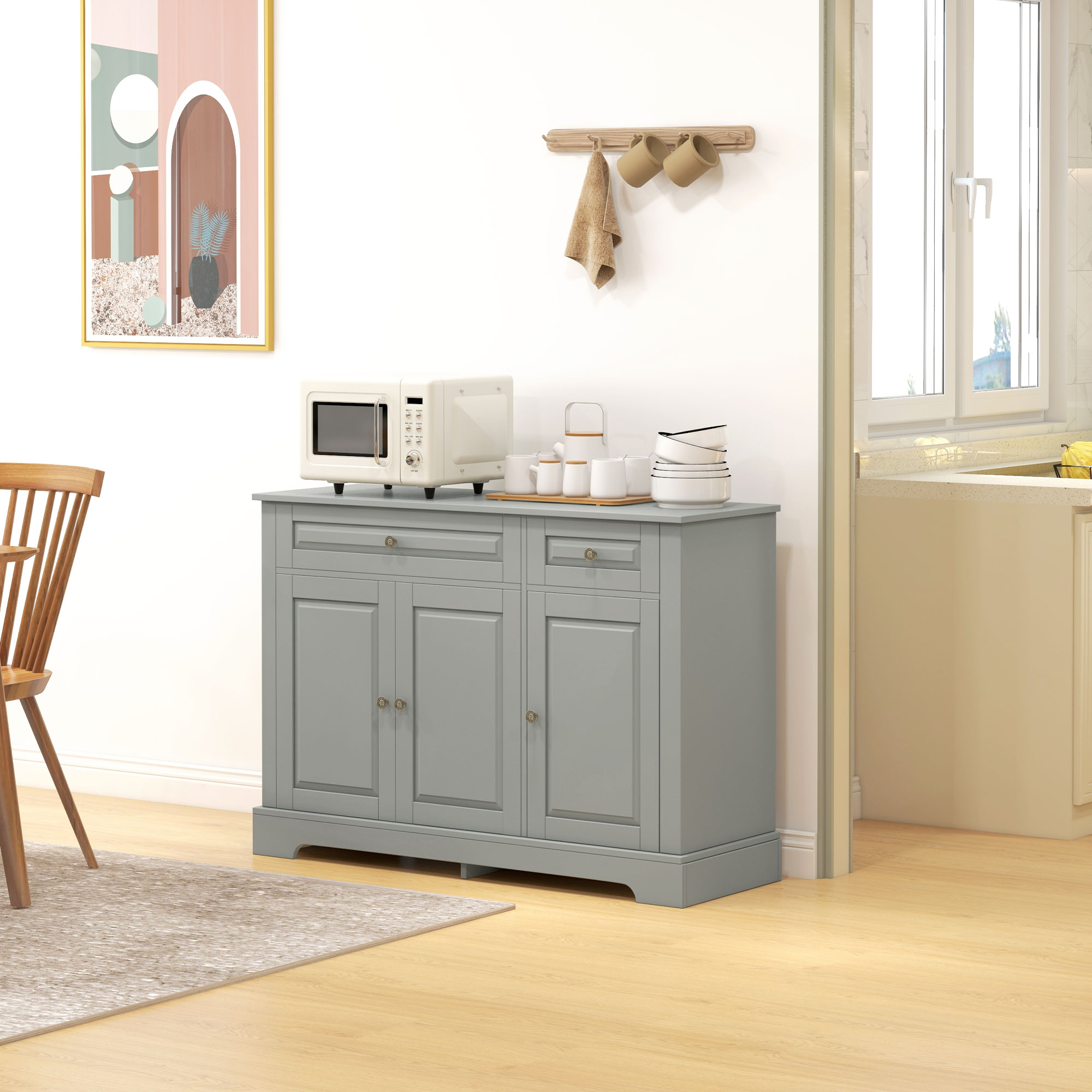 Modern Sideboard Cabinet, Buffet Cabinet with 2 Drawers and Adjustable Shelves, Buffets Tables for Dining Room, Grey - Image 6