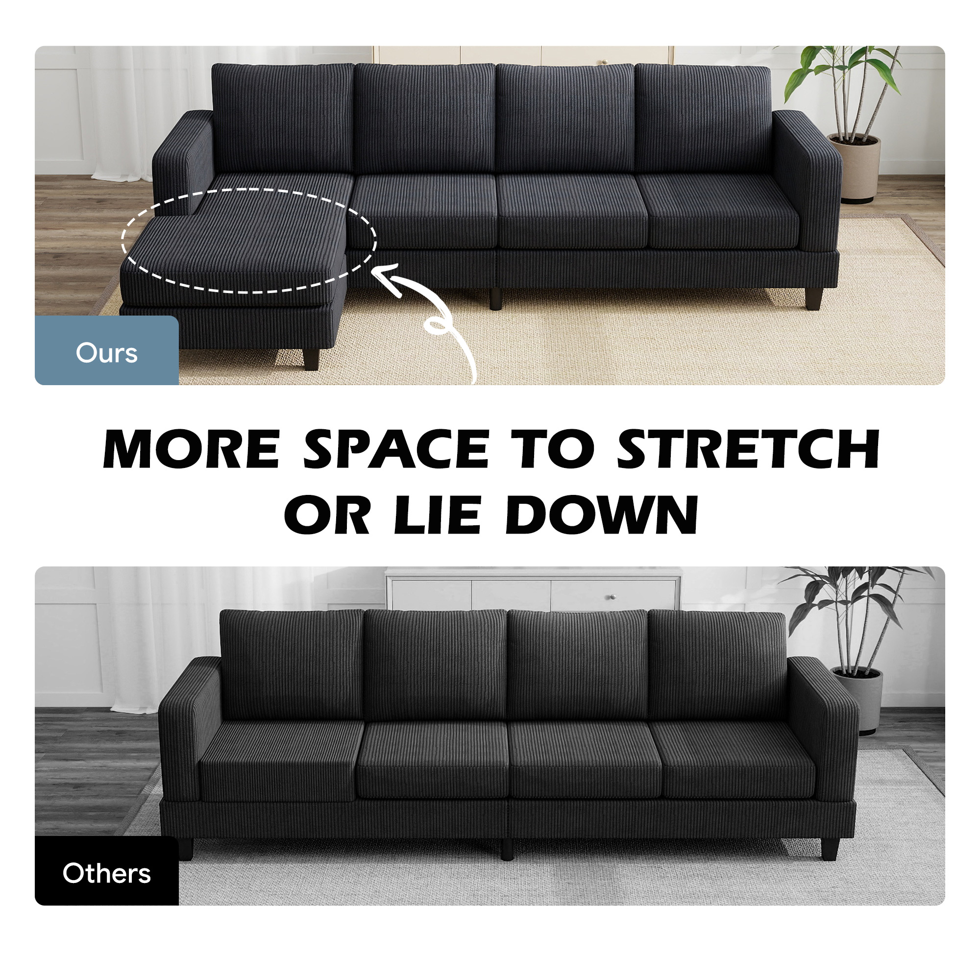L Shaped Couch, L Shape Sofa with Chaise Lounge and Spring Cushion for Living Room, Bedroom, Charcoal Grey - Image 2