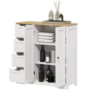 Freestanding Bathroom Floor Cabinet, Modern Bathroom Cabinet with Adjustable Shelf, 4 Drawers and 2 Doors, White