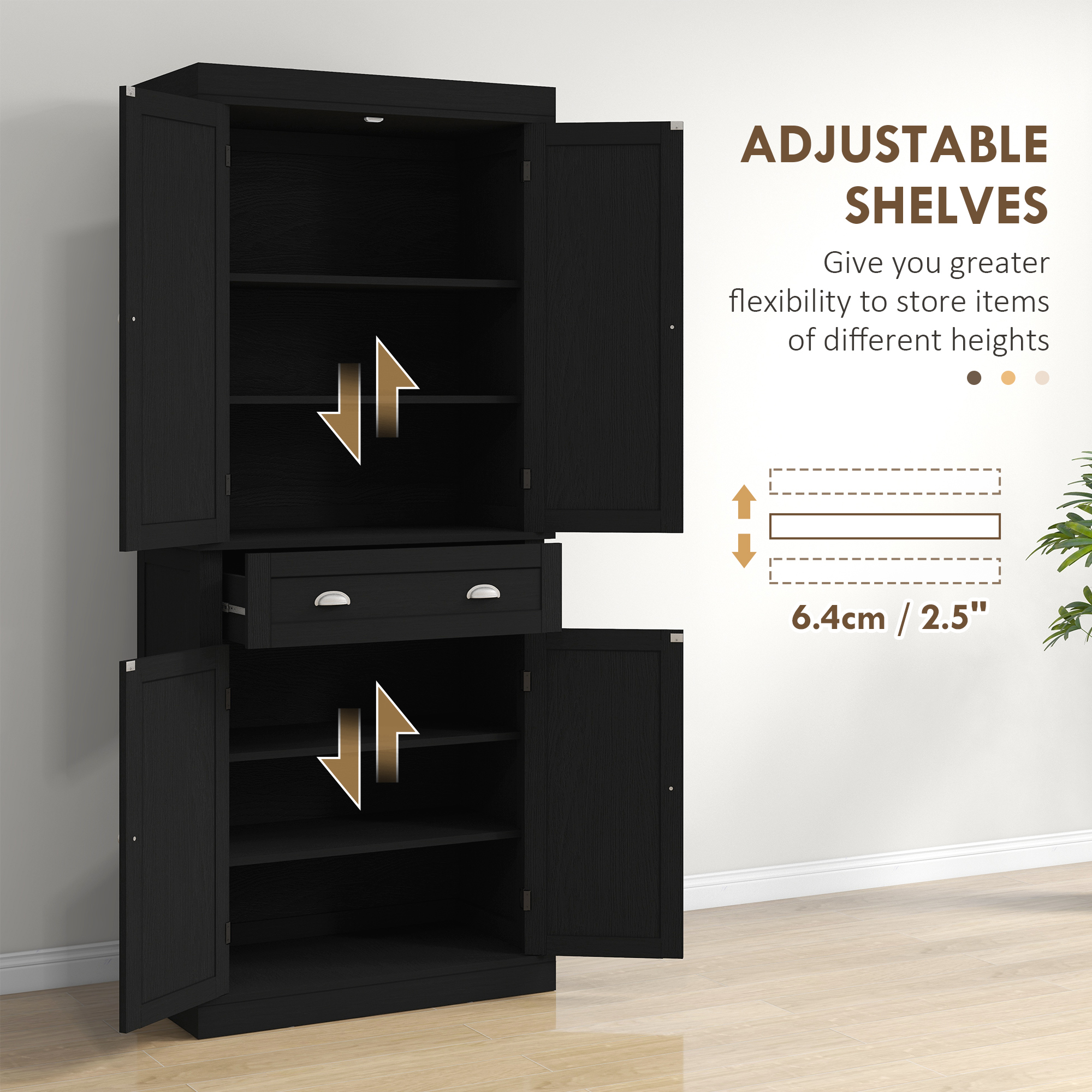 72" Tall Pantry Cabinet, Kitchen Storage Cabinet with 4 Doors, Drawer and 2 Adjustable Shelves, Black Wood Grain - Image 3