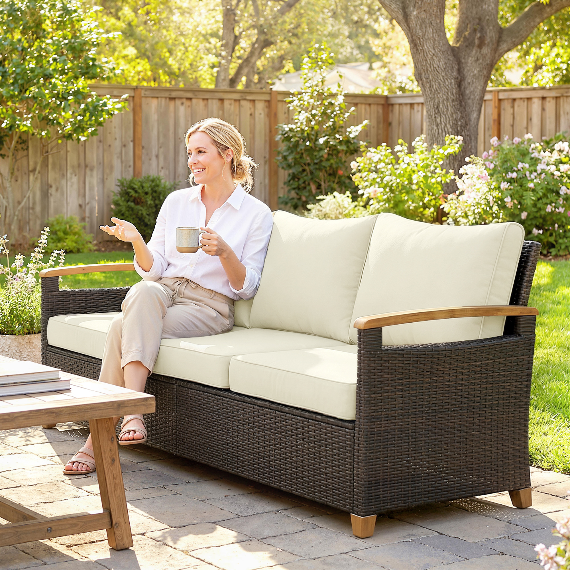 3 Seater Outdoor Couch Sofa, PE Wicker Patio Furniture Couch, Wide Seat, 4" Cushions, Wood-Effect Armrests, Cream White - Image 6
