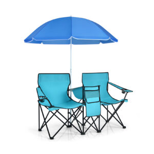 Portable Folding Picnic Double Chair With Umbrella-Turquoise