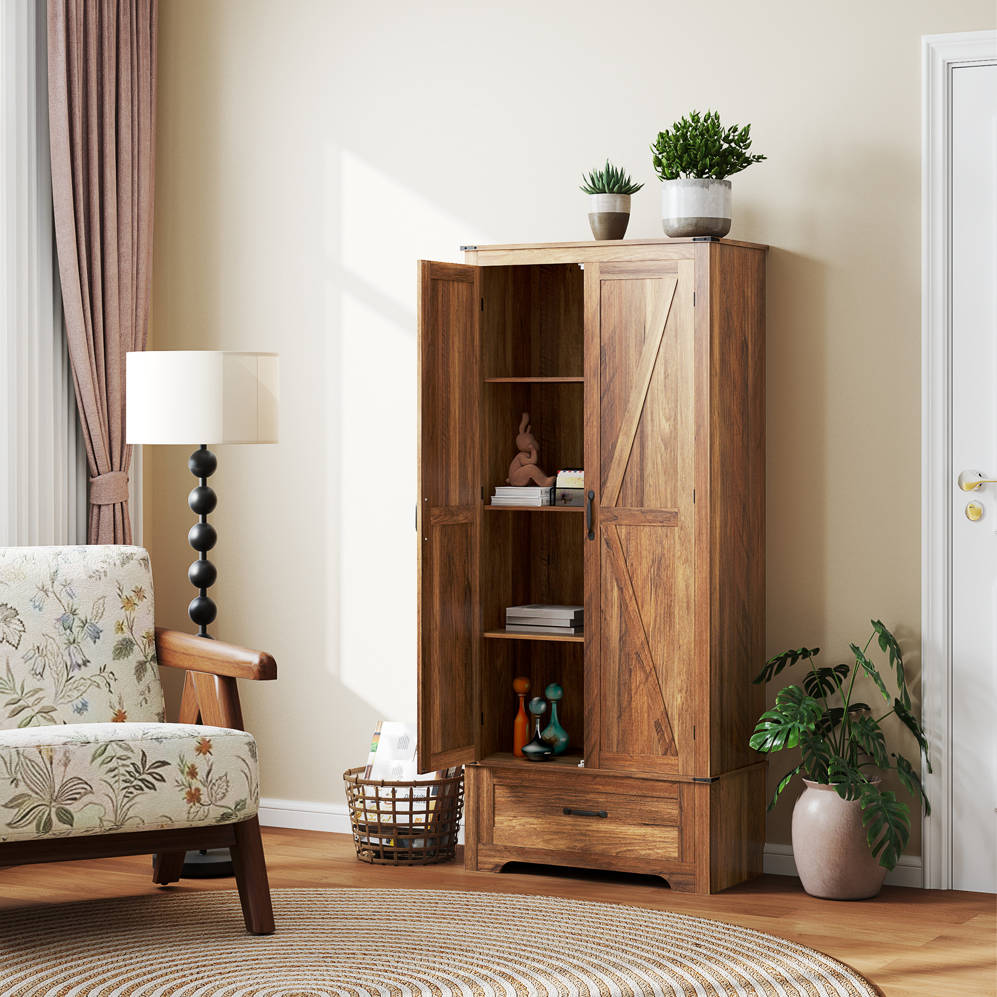 72" Farmhouse Pantry Cabinet with Adjustable Shelves, Kitchen Pantry Cabinet with 2 Doors, Brown - Image 6