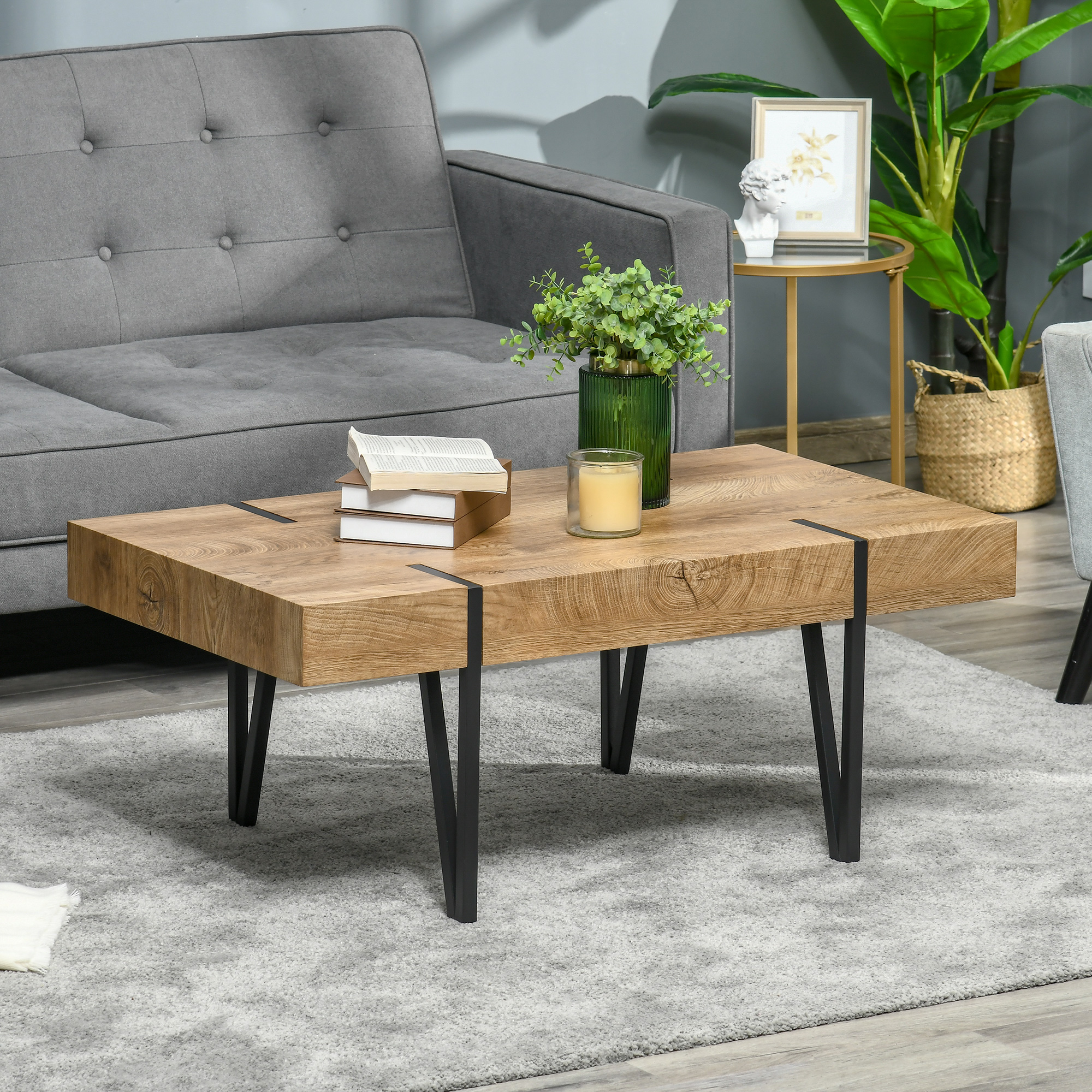 Rustic Coffee Table, Rectangle Nature Central Table with Steel Hairpin Legs for Living Room - Image 6