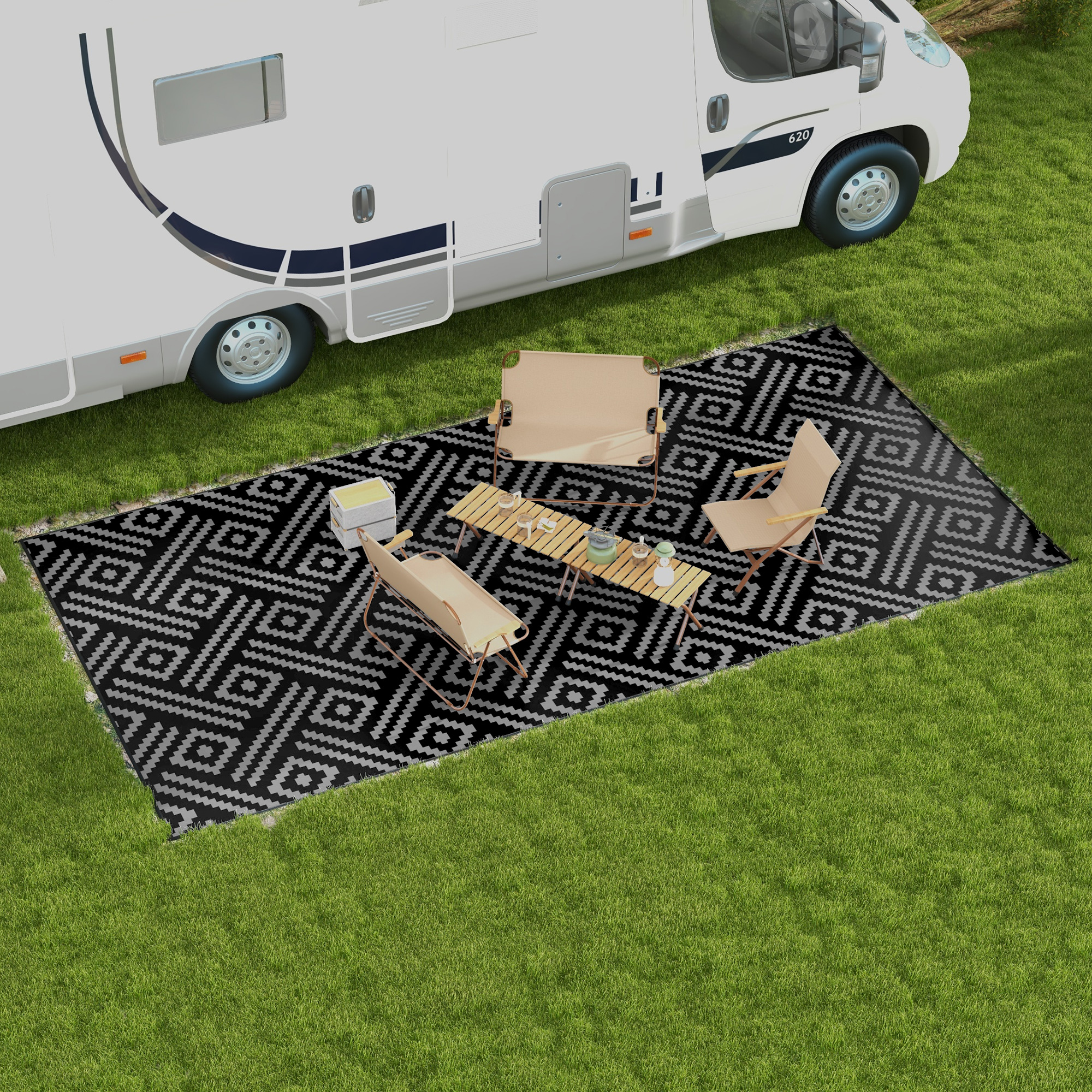 Reversible Outdoor Rug Waterproof Plastic Straw RV Rug with Carry Bag, 9' x 18', Black and Grey Geometric - Image 6