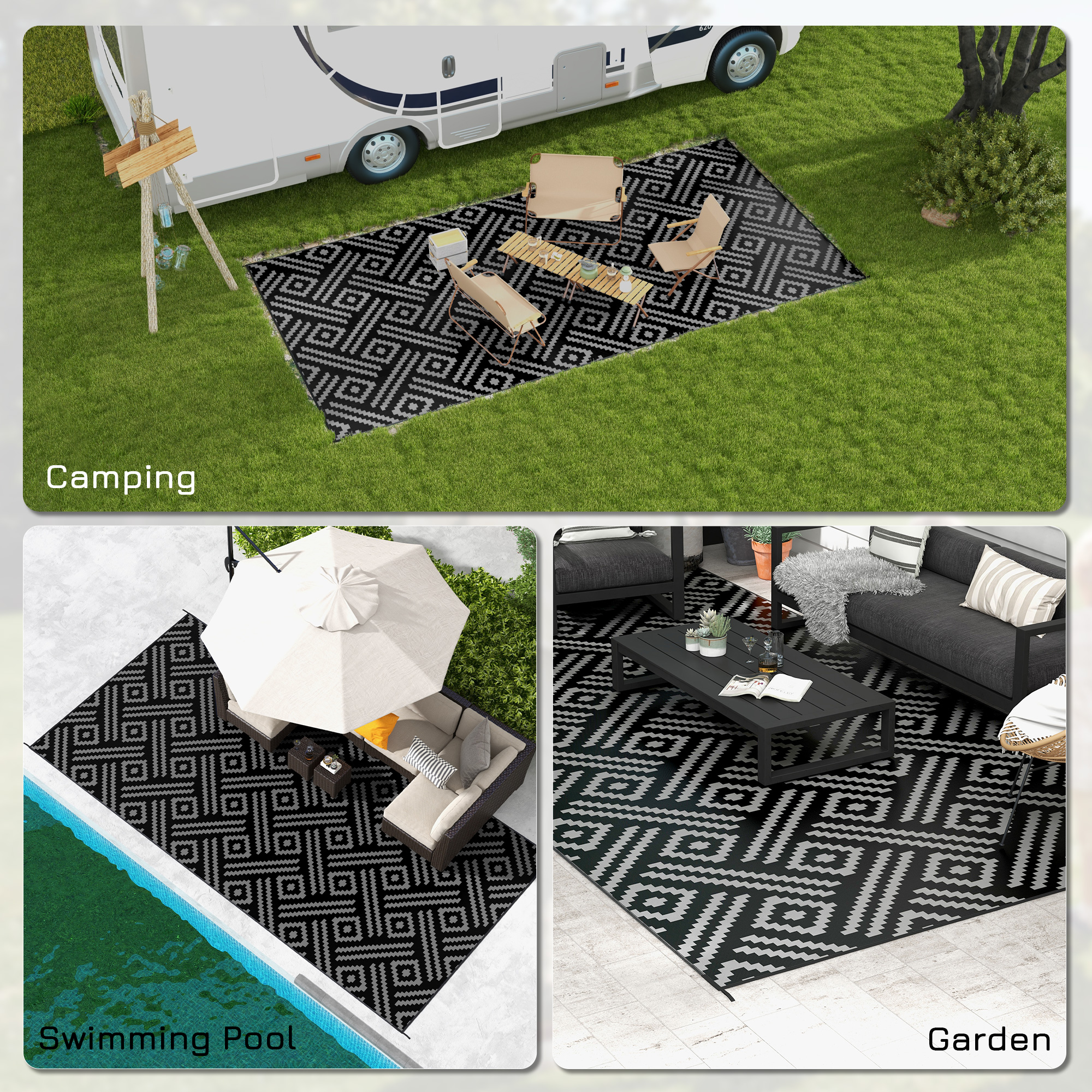 Reversible Outdoor Rug Waterproof Plastic Straw RV Rug with Carry Bag, 9' x 18', Black and Grey Geometric - Image 3