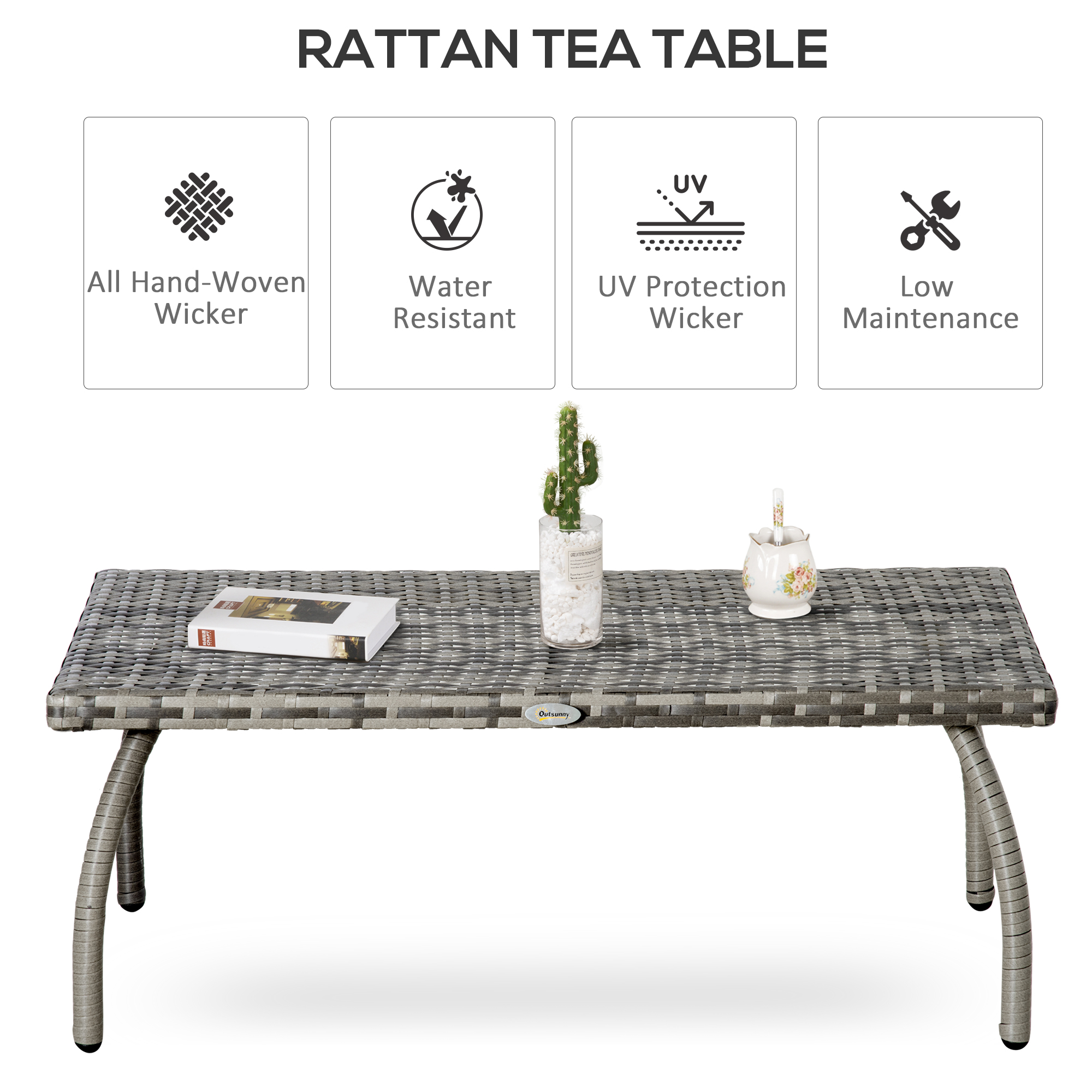 Rattan Coffee Table Outdoor Side Table, 35.4" x 19.7" Small Wicker Patio Furniture with All-Weather PE for Garden, Balcony, Backyard, Poolside, Grey - Image 2