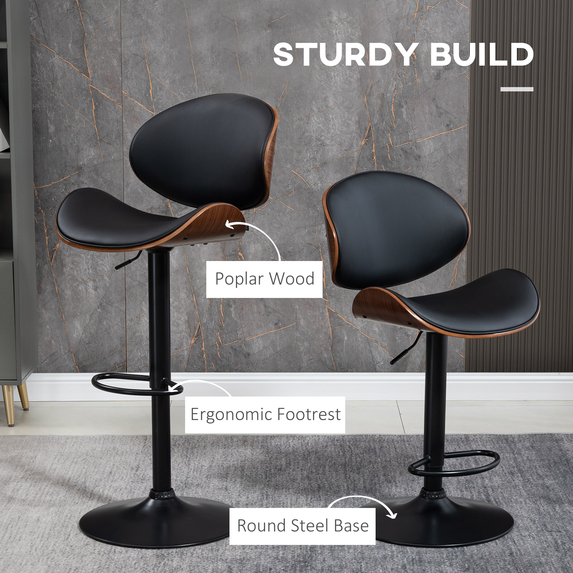 Bar Stools Set of 2, Modern PU Leather Adjustable Swivel Barstools with Curved Back, Footrest and Steel Base, Black - Image 5