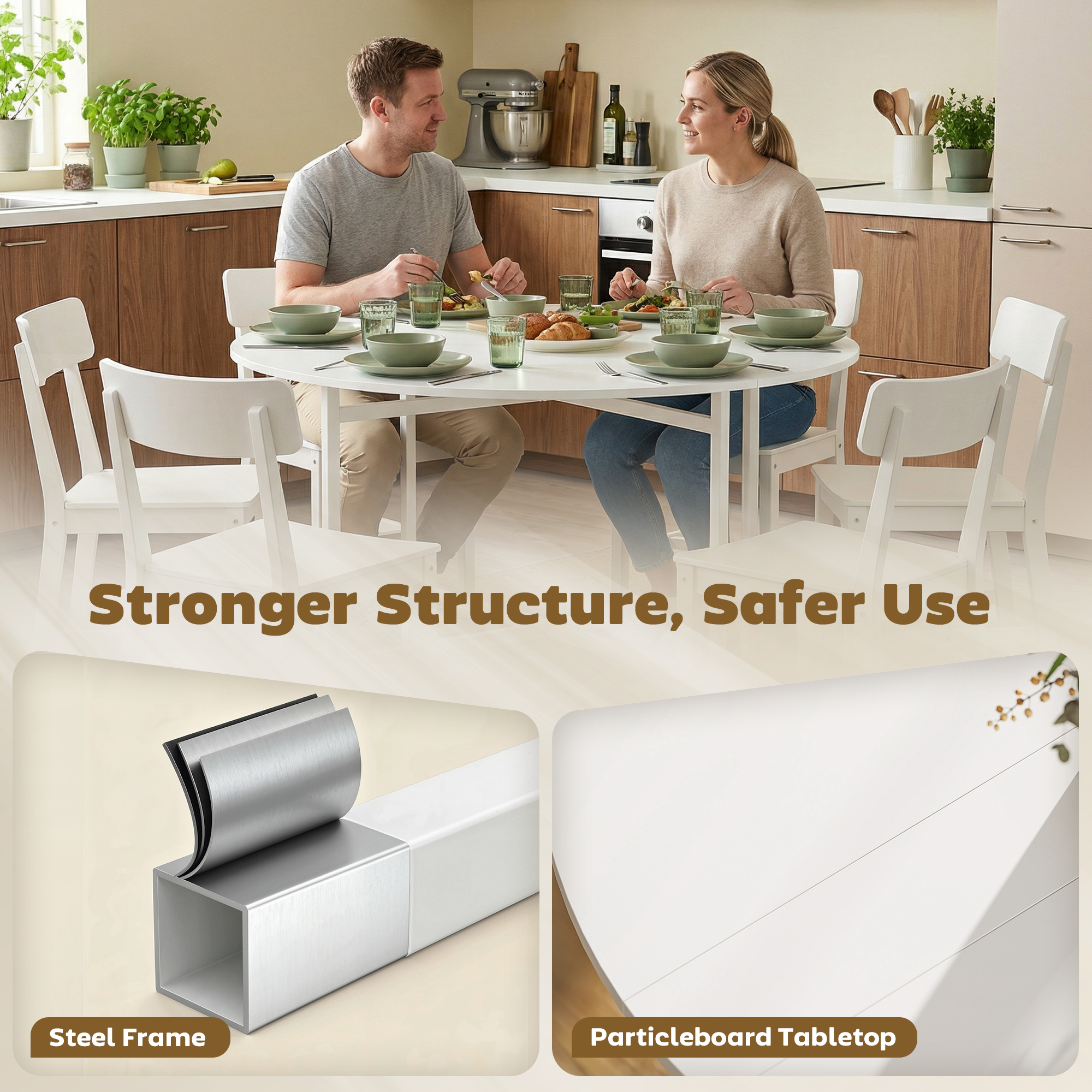 Folding Dining Table for 3-6 People, 47" Round Drop Leaf Kitchen Table with Steel Frame, White - Image 3