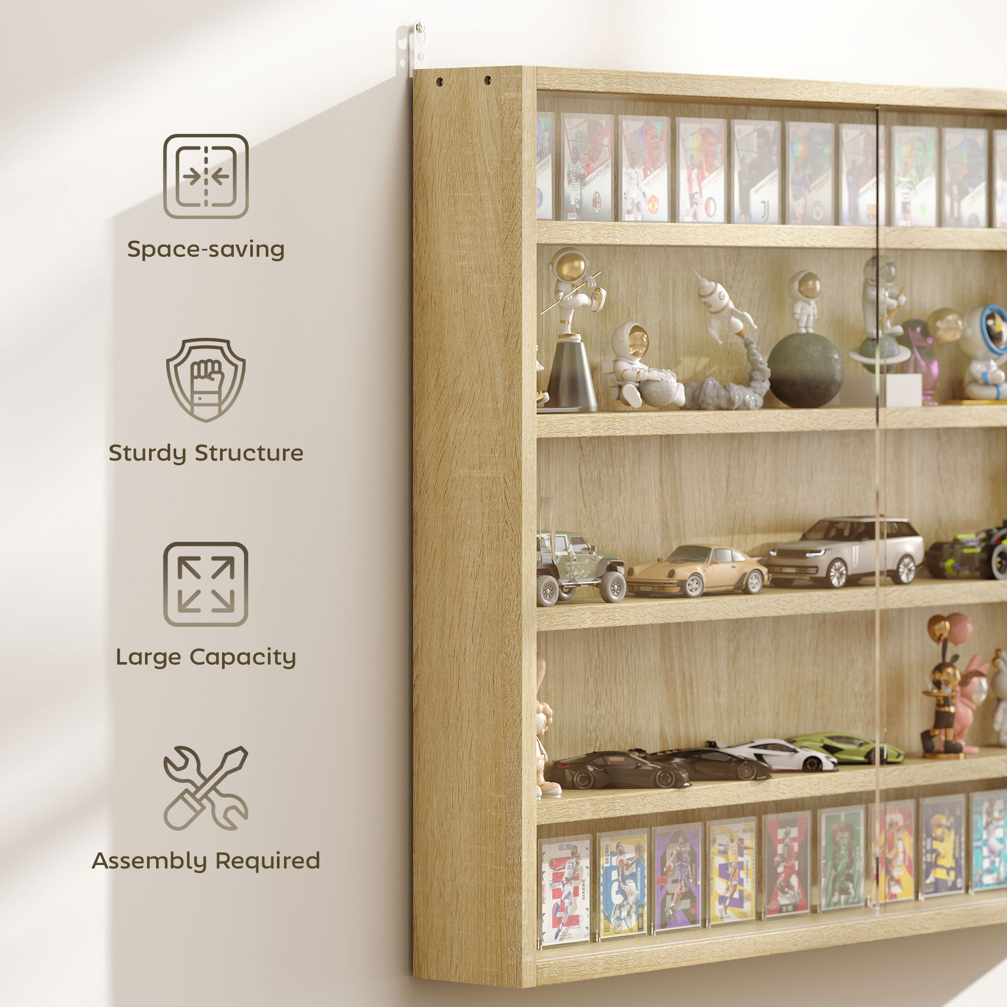 5-storey Display Cabinet, Shot Glass Display Case, Glass Curio Cabinet with 2 Glass Doors and 4 Adjustable Shelves, Oak - Image 4